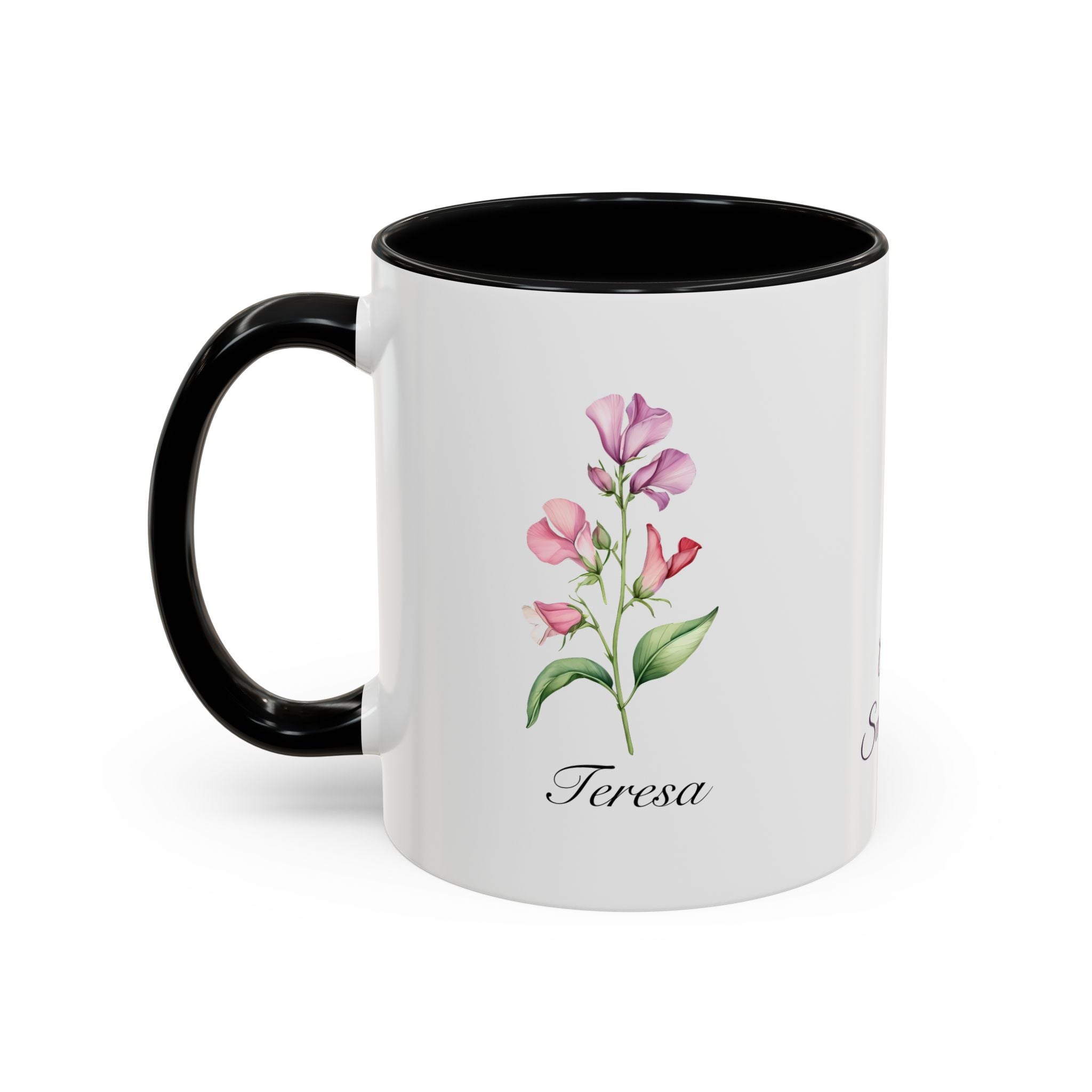 Personalized April Sweet Pea Birth Flower Accent Coffee Mug - Available in 11oz and 15oz Sizes