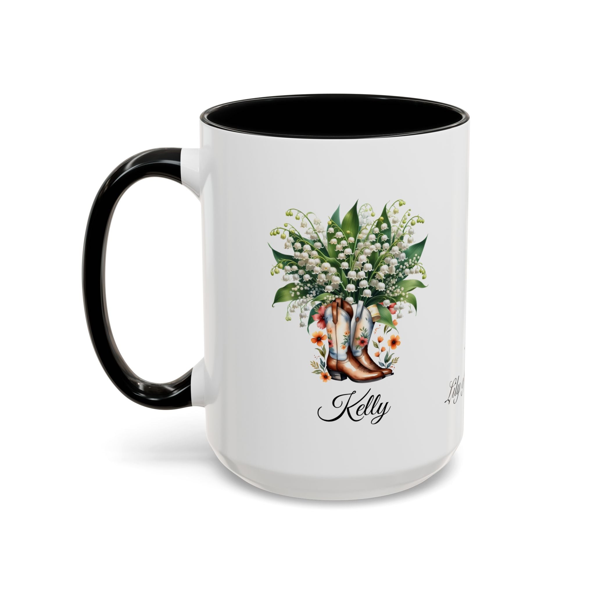 Personalized May Birth Flower Accent Coffee Mug with Lilies of the Valley in a Cowboy Boot - Available in 11oz and 15oz Sizes