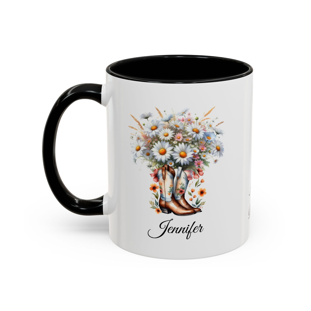 Personalized April Birth Flower Accent Coffee Mug with Daisies in a Cowboy Boot - Available in 11oz and 15oz Sizes