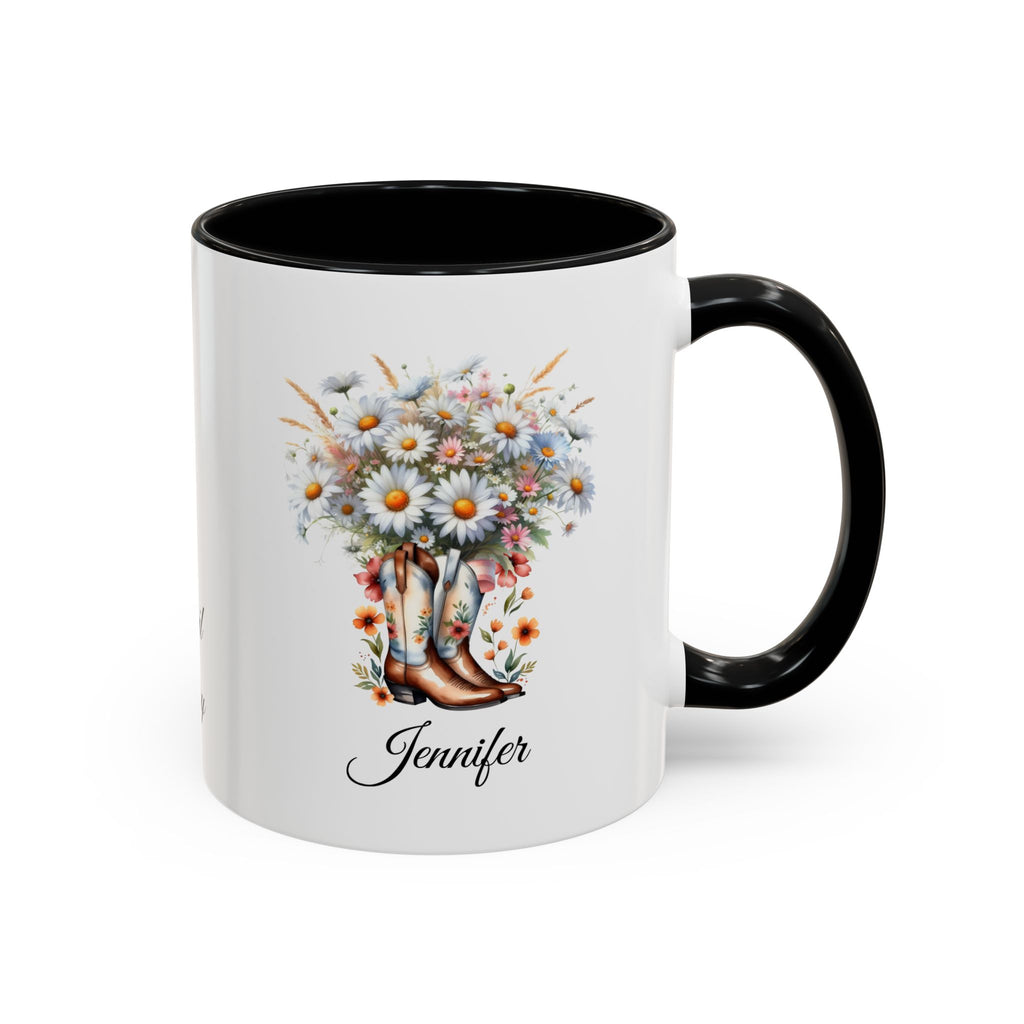 Personalized April Birth Flower Accent Coffee Mug with Daisies in a Cowboy Boot - Available in 11oz and 15oz Sizes