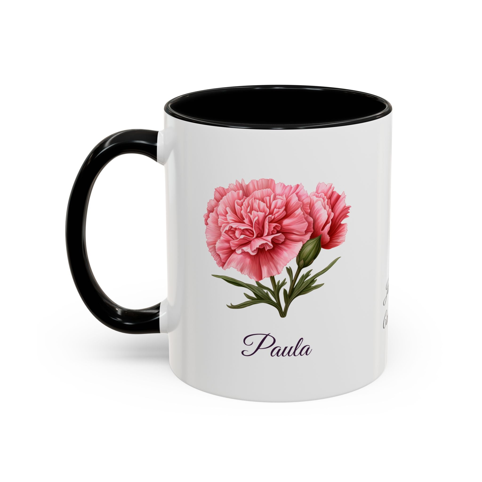 Personalized January Birth Flower Accent Coffee Mug - Available in 11oz and 15oz Sizes