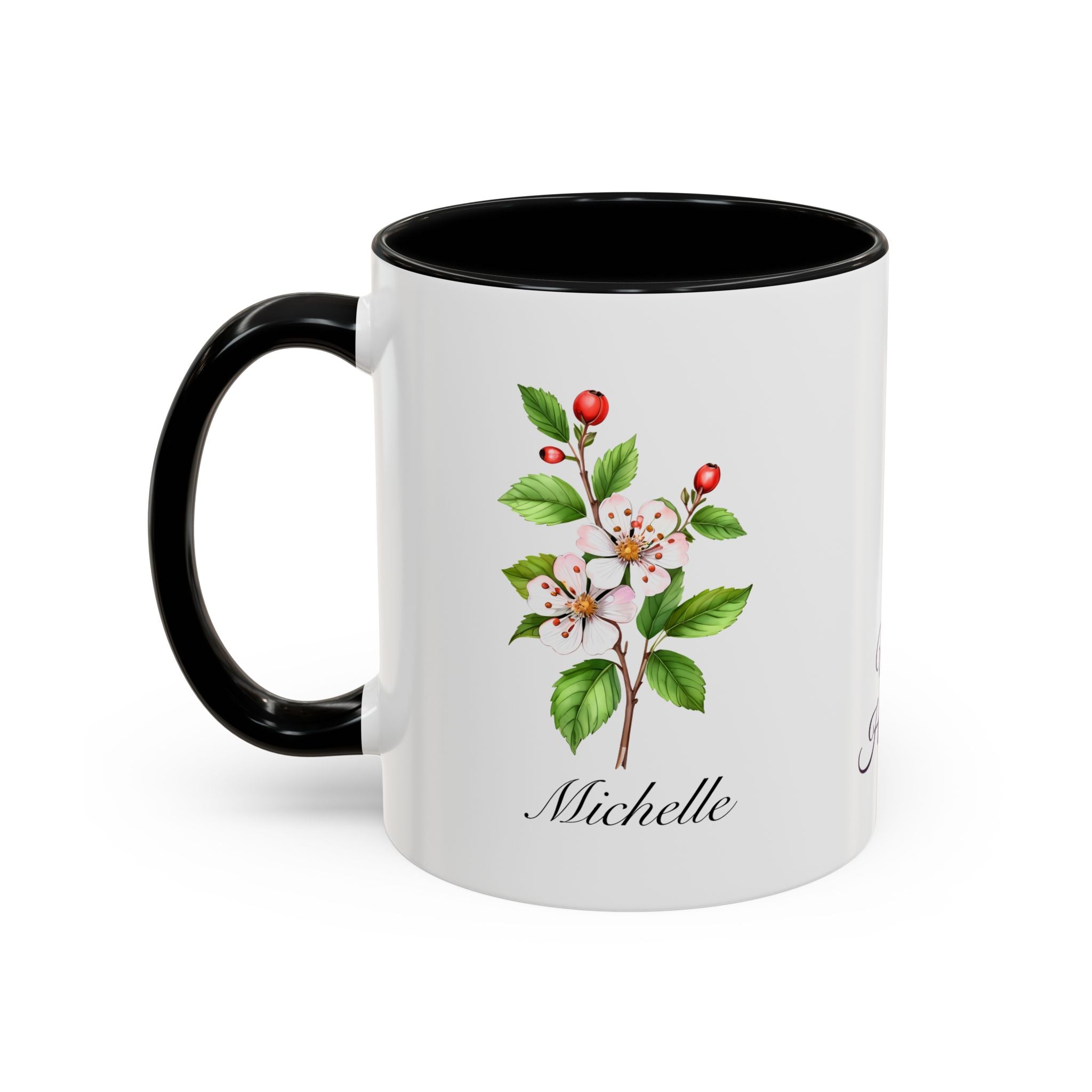 Personalized May Hawthorn Birth Flower Accent Coffee Mug - Available in 11oz and 15oz Sizes