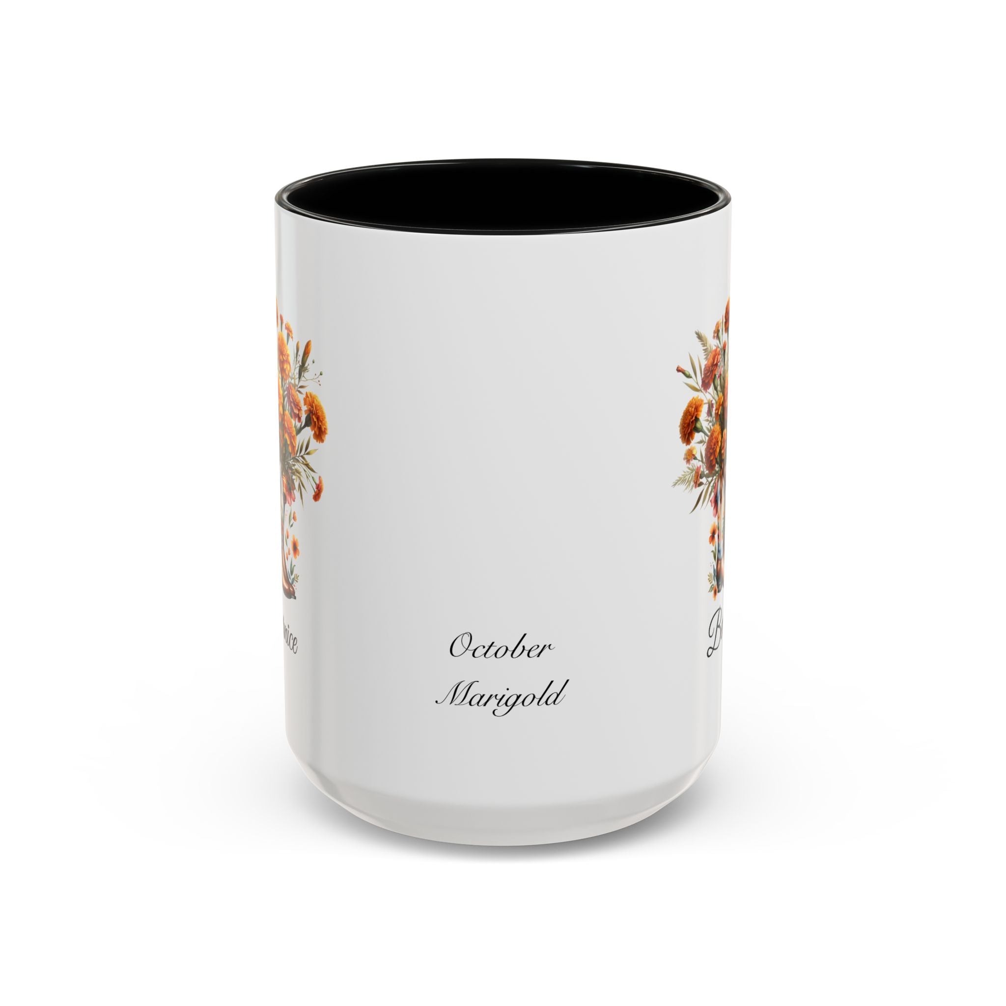 Personalized October Birth Flower Accent Coffee Mug - Available in 11oz and 15oz Sizes