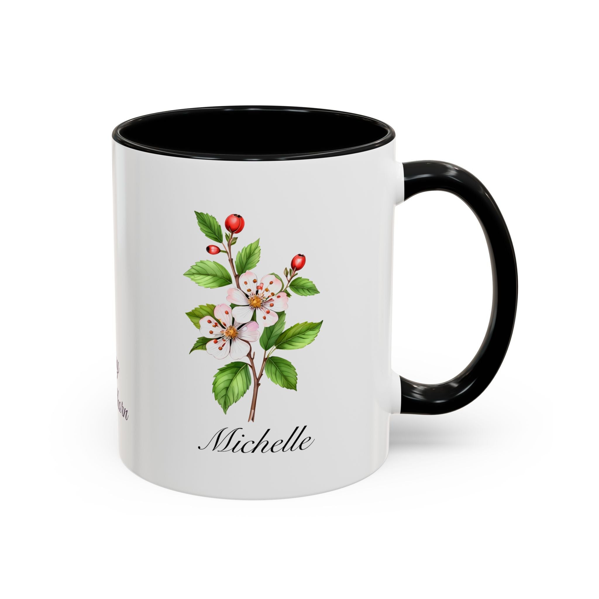 Personalized May Hawthorn Birth Flower Accent Coffee Mug - Available in 11oz and 15oz Sizes