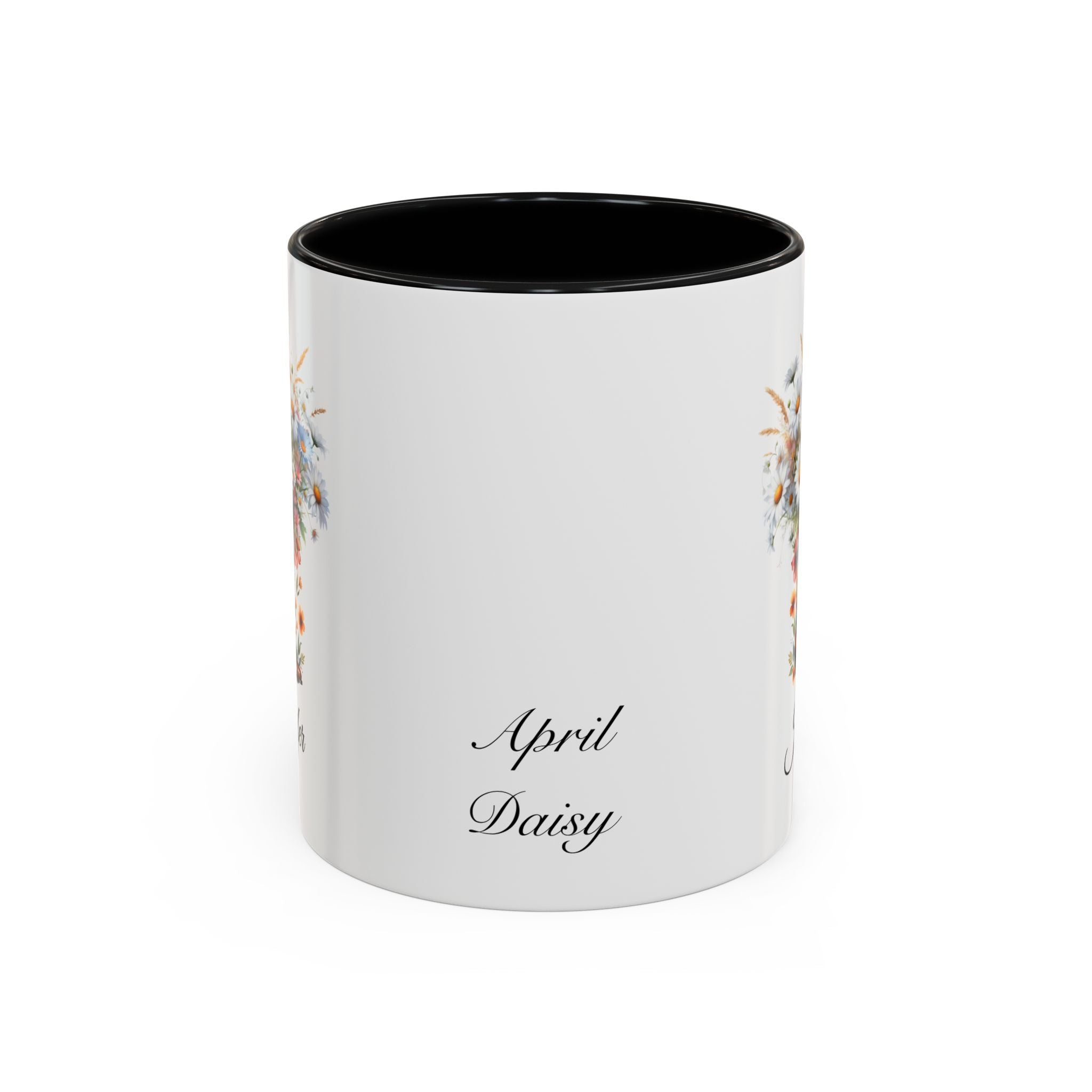 Personalized April Birth Flower Accent Coffee Mug with Daisies in a Cowboy Boot - Available in 11oz and 15oz Sizes