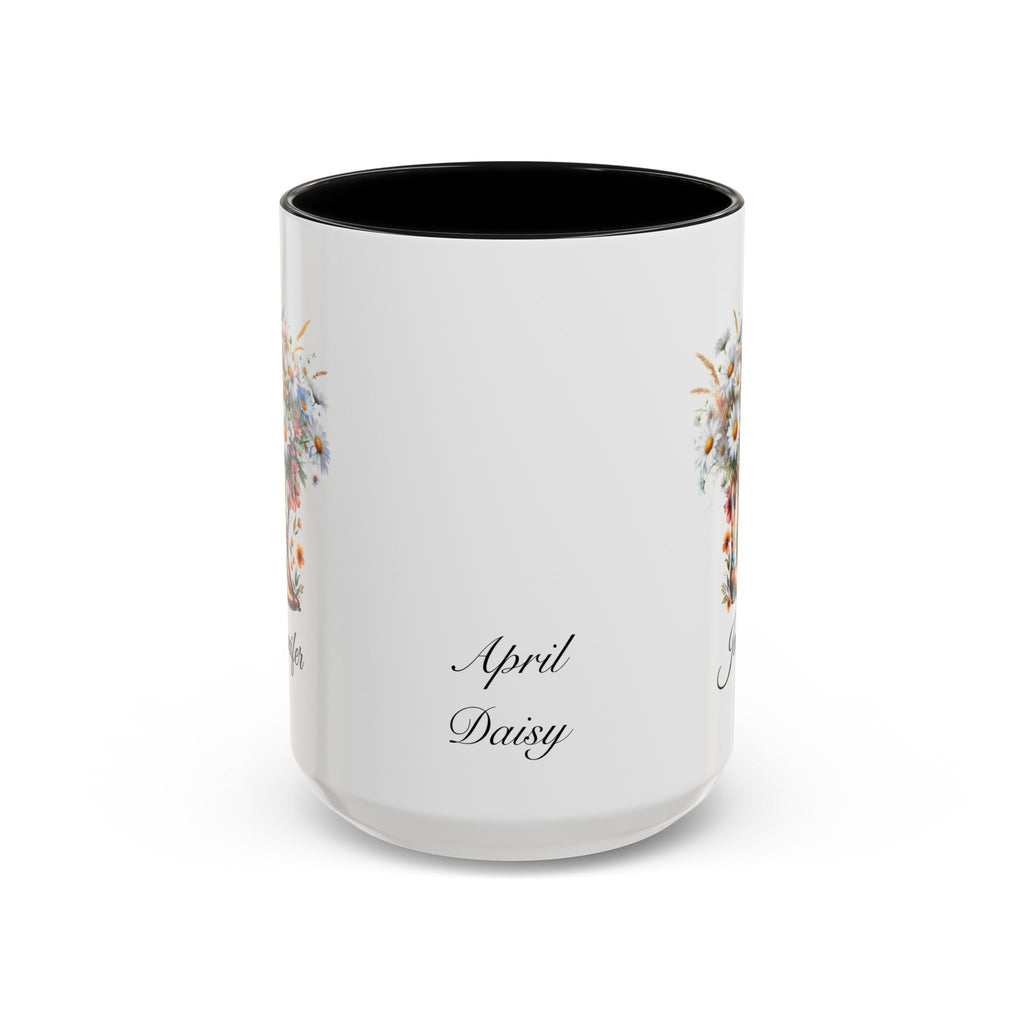 Personalized April Birth Flower Accent Coffee Mug with Daisies in a Cowboy Boot - Available in 11oz and 15oz Sizes