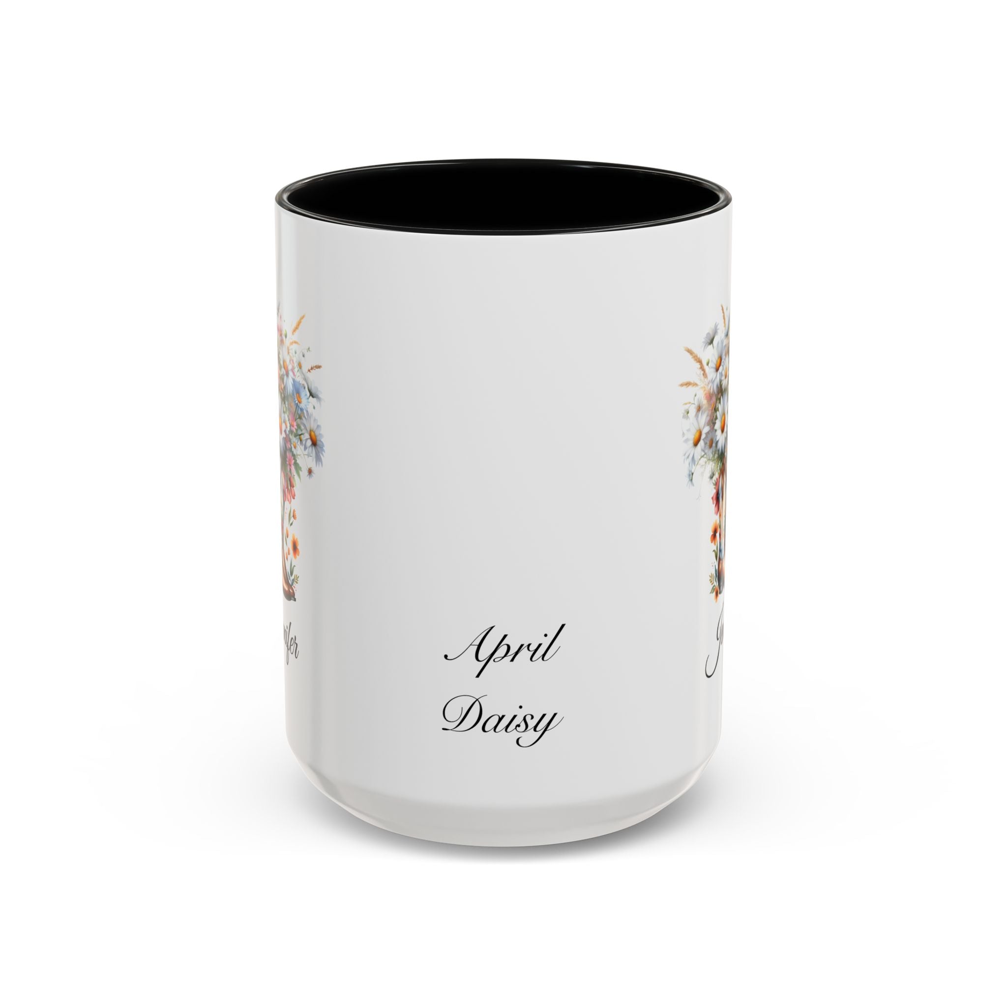 Personalized April Birth Flower Accent Coffee Mug with Daisies in a Cowboy Boot - Available in 11oz and 15oz Sizes