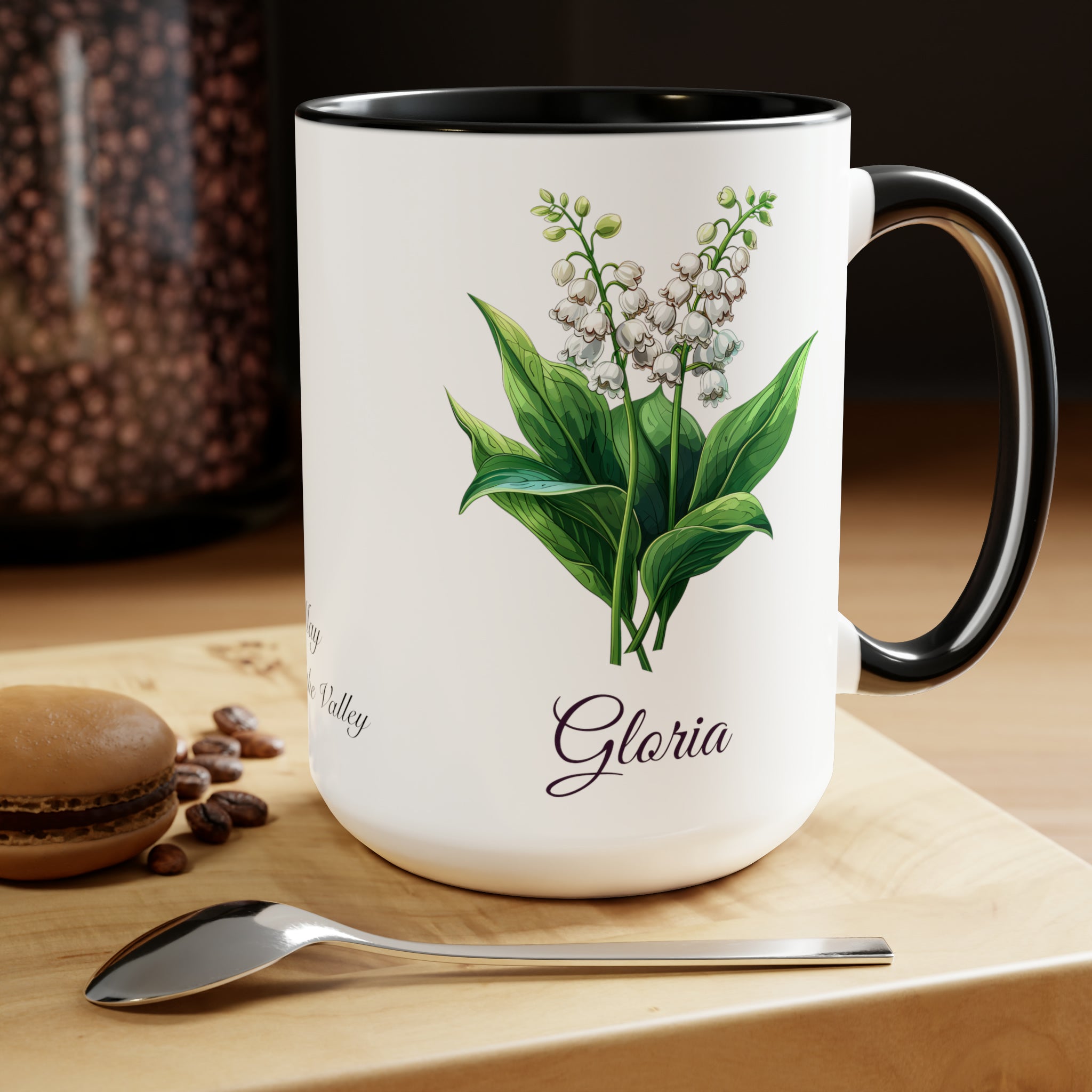 Personalized May Lily of the Valley Birth Flower Accent Coffee Mug - Available in 11oz and 15oz Sizes