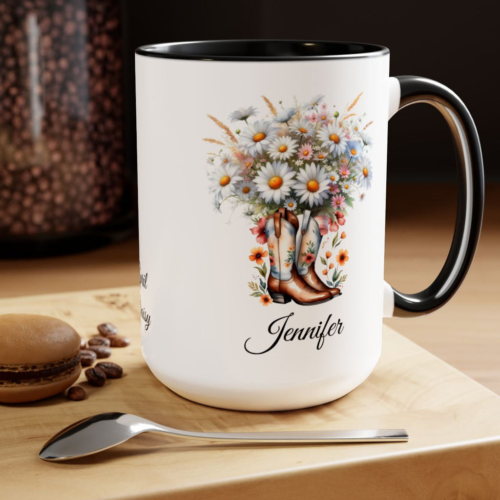 Personalized April Birth Flower Accent Coffee Mug with Daisies in a Cowboy Boot - Available in 11oz and 15oz Sizes