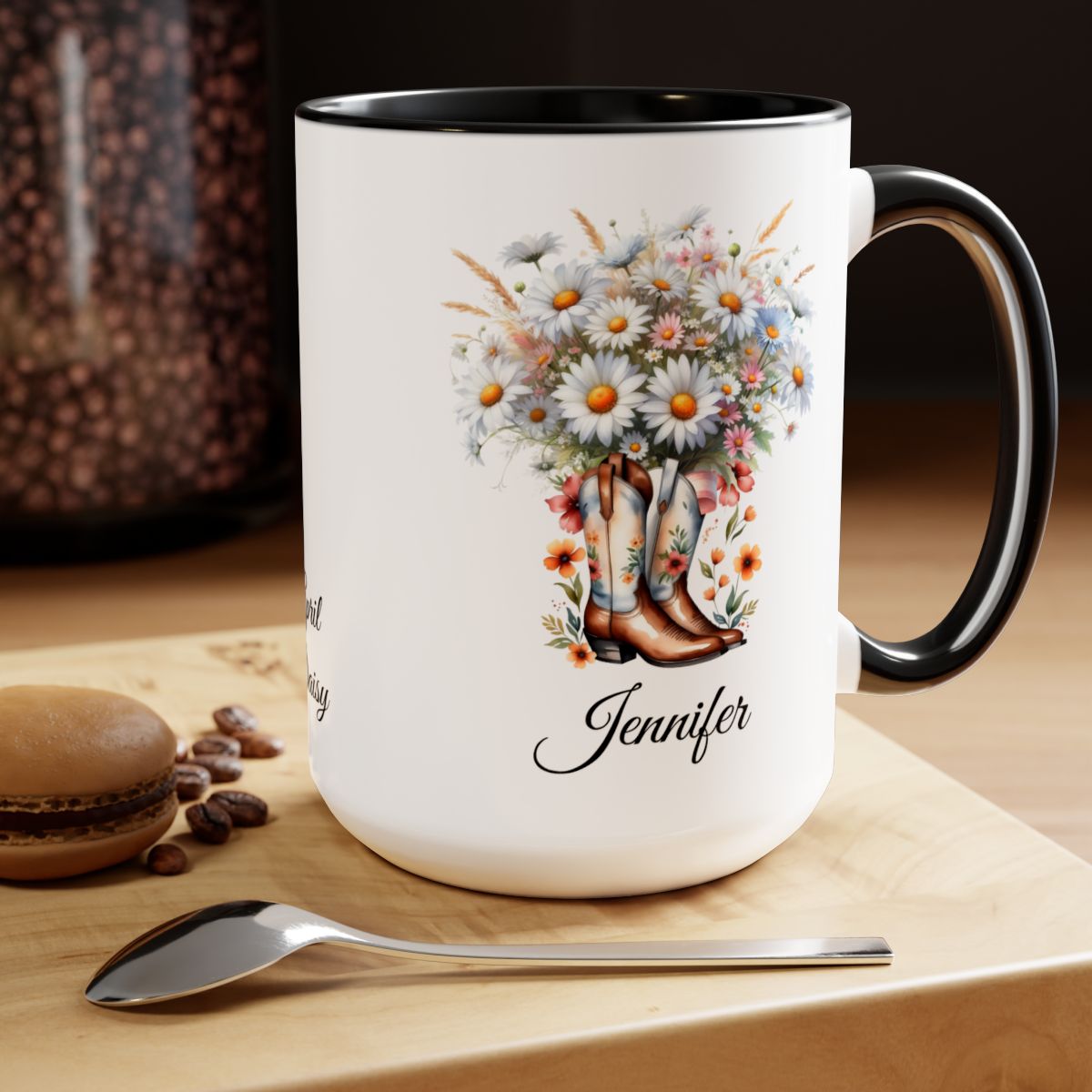 Personalized April Birth Flower Accent Coffee Mug with Daisies in a Cowboy Boot - Available in 11oz and 15oz Sizes