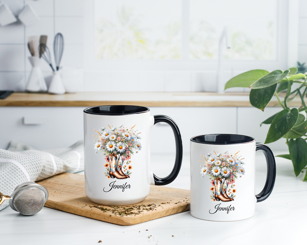 Personalized April Birth Flower Accent Coffee Mug with Daisies in a Cowboy Boot - Available in 11oz and 15oz Sizes