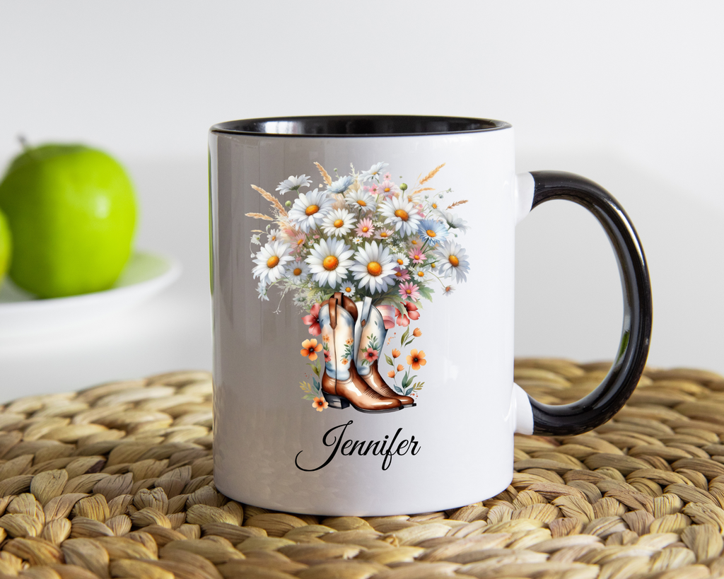 Personalized April Birth Flower Accent Coffee Mug with Daisies in a Cowboy Boot - Available in 11oz and 15oz Sizes