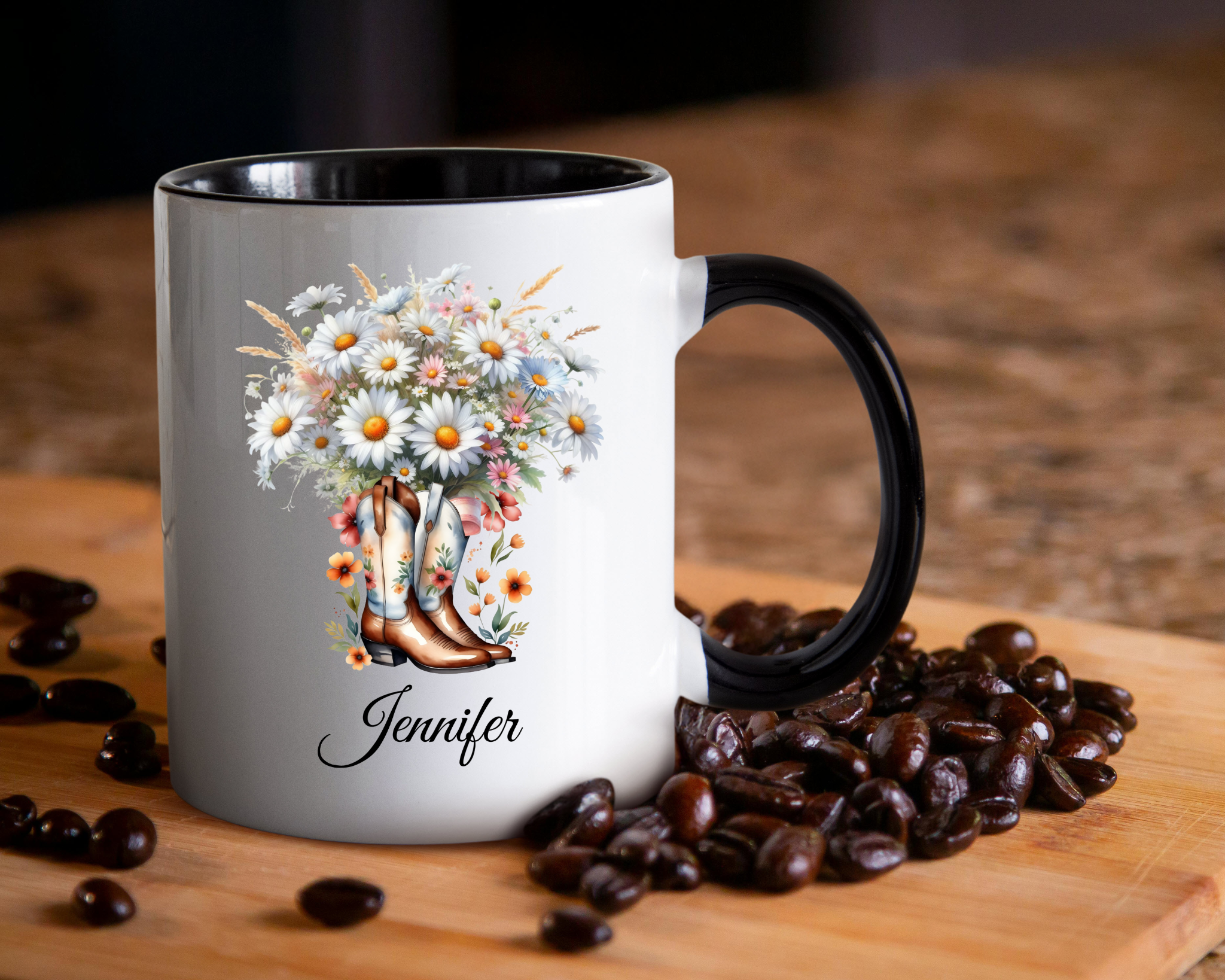 Personalized April Birth Flower Accent Coffee Mug with Daisies in a Cowboy Boot - Available in 11oz and 15oz Sizes