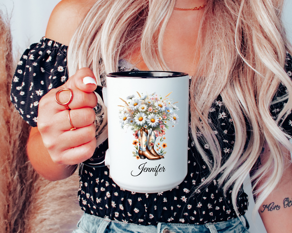 Personalized April Birth Flower Accent Coffee Mug with Daisies in a Cowboy Boot - Available in 11oz and 15oz Sizes