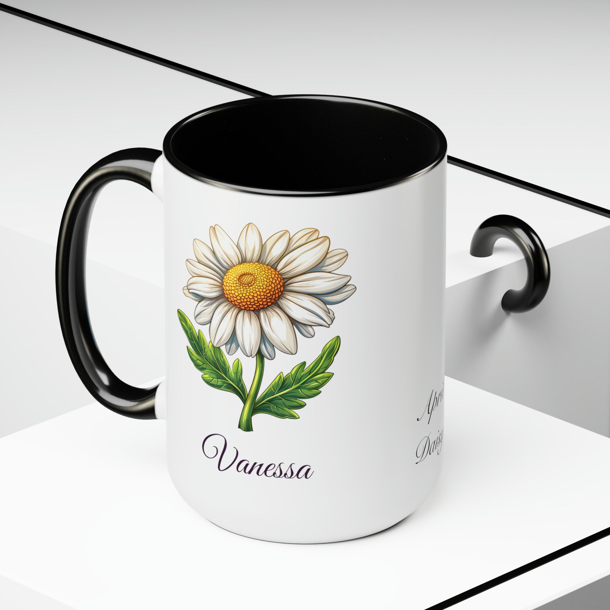 Personalized April Birth Flower Accent Coffee Mug - Available in 11oz and 15oz Sizes