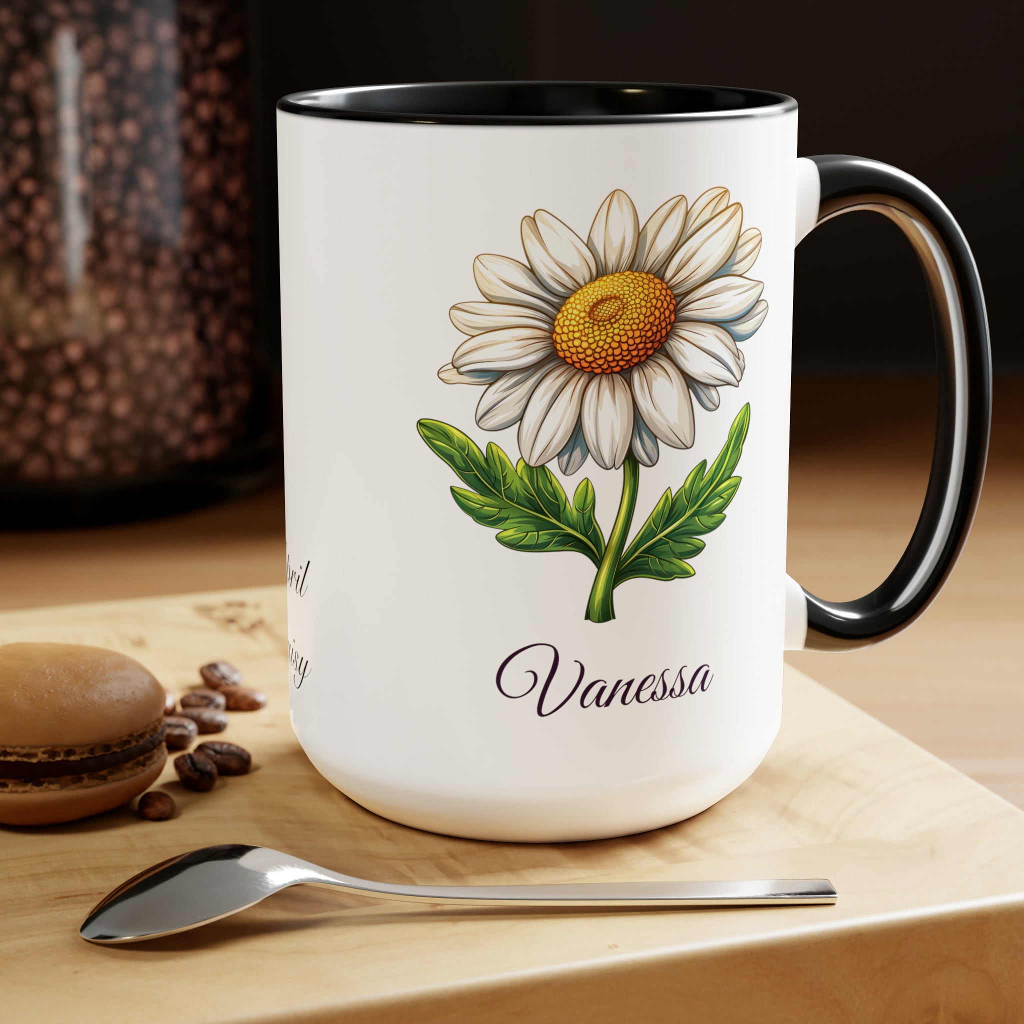 Personalized April Birth Flower Accent Coffee Mug - Available in 11oz and 15oz Sizes