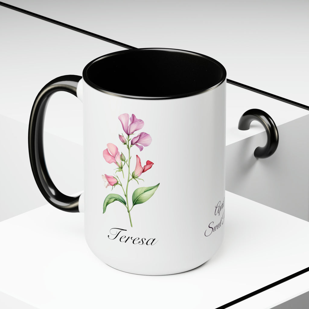 Personalized April Sweet Pea Birth Flower Accent Coffee Mug - Available in 11oz and 15oz Sizes