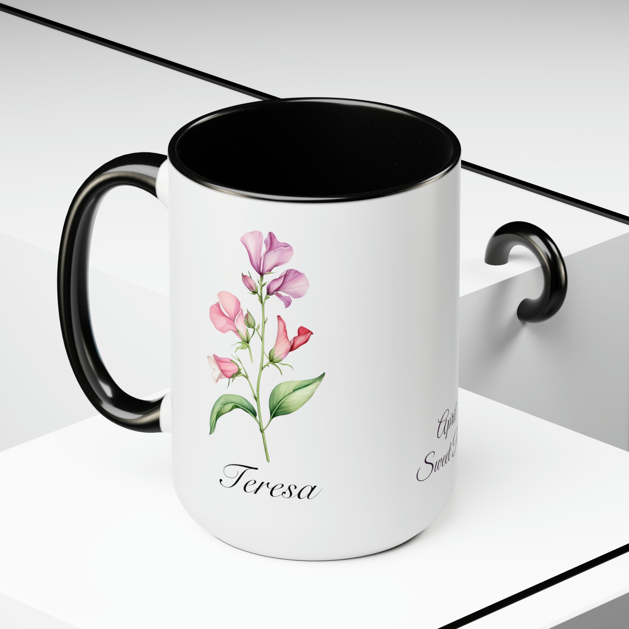 Personalized April Sweet Pea Birth Flower Accent Coffee Mug - Available in 11oz and 15oz Sizes