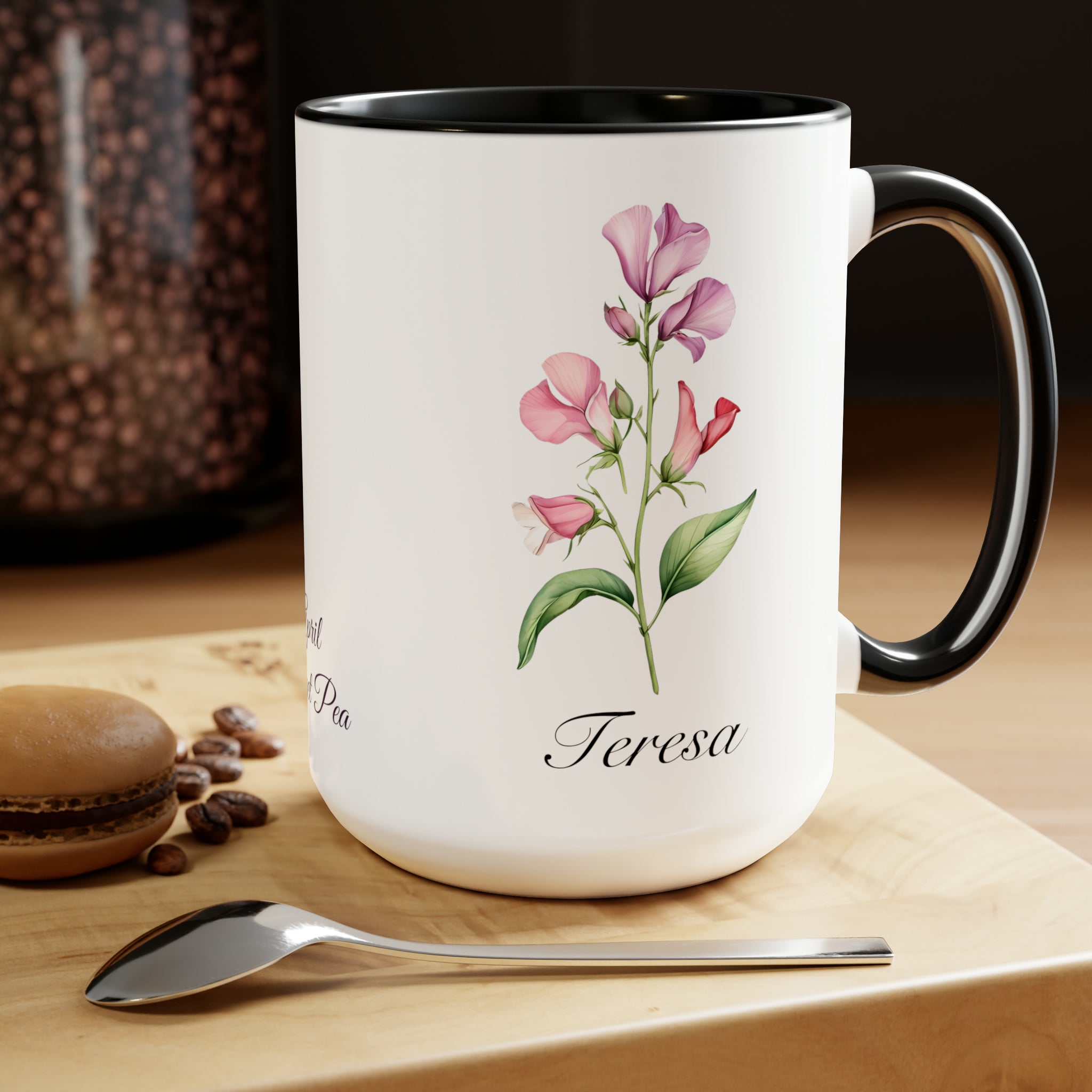 Personalized April Sweet Pea Birth Flower Accent Coffee Mug - Available in 11oz and 15oz Sizes