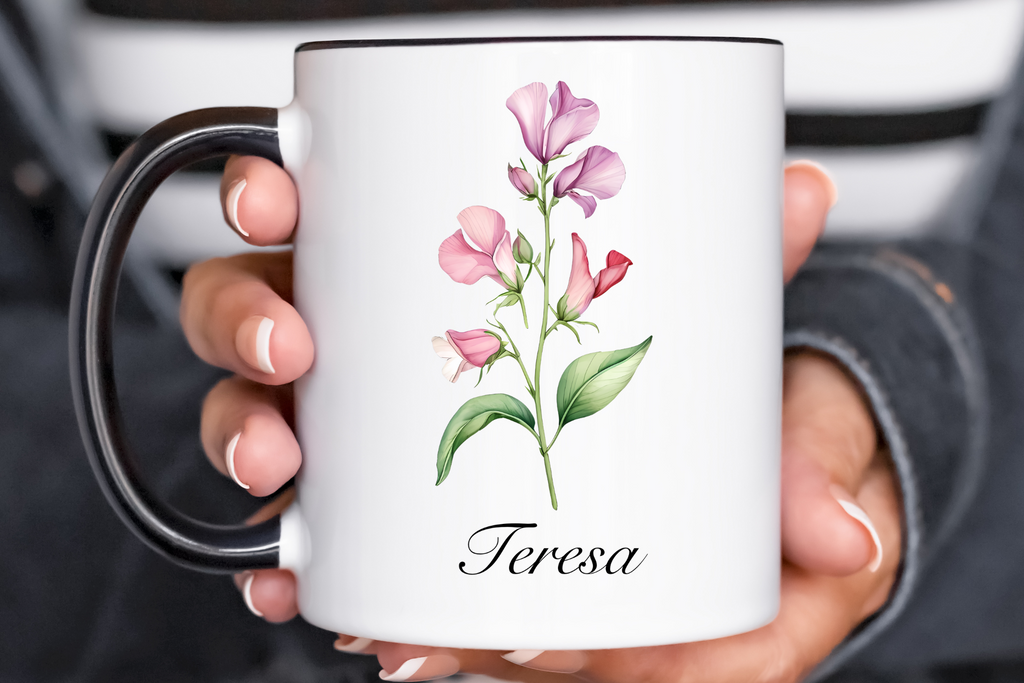 Personalized April Sweet Pea Birth Flower Accent Coffee Mug - Available in 11oz and 15oz Sizes