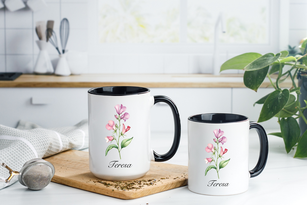 Personalized April Sweet Pea Birth Flower Accent Coffee Mug - Available in 11oz and 15oz Sizes