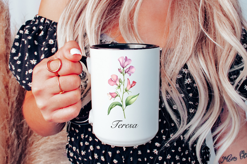 Personalized April Sweet Pea Birth Flower Accent Coffee Mug - Available in 11oz and 15oz Sizes
