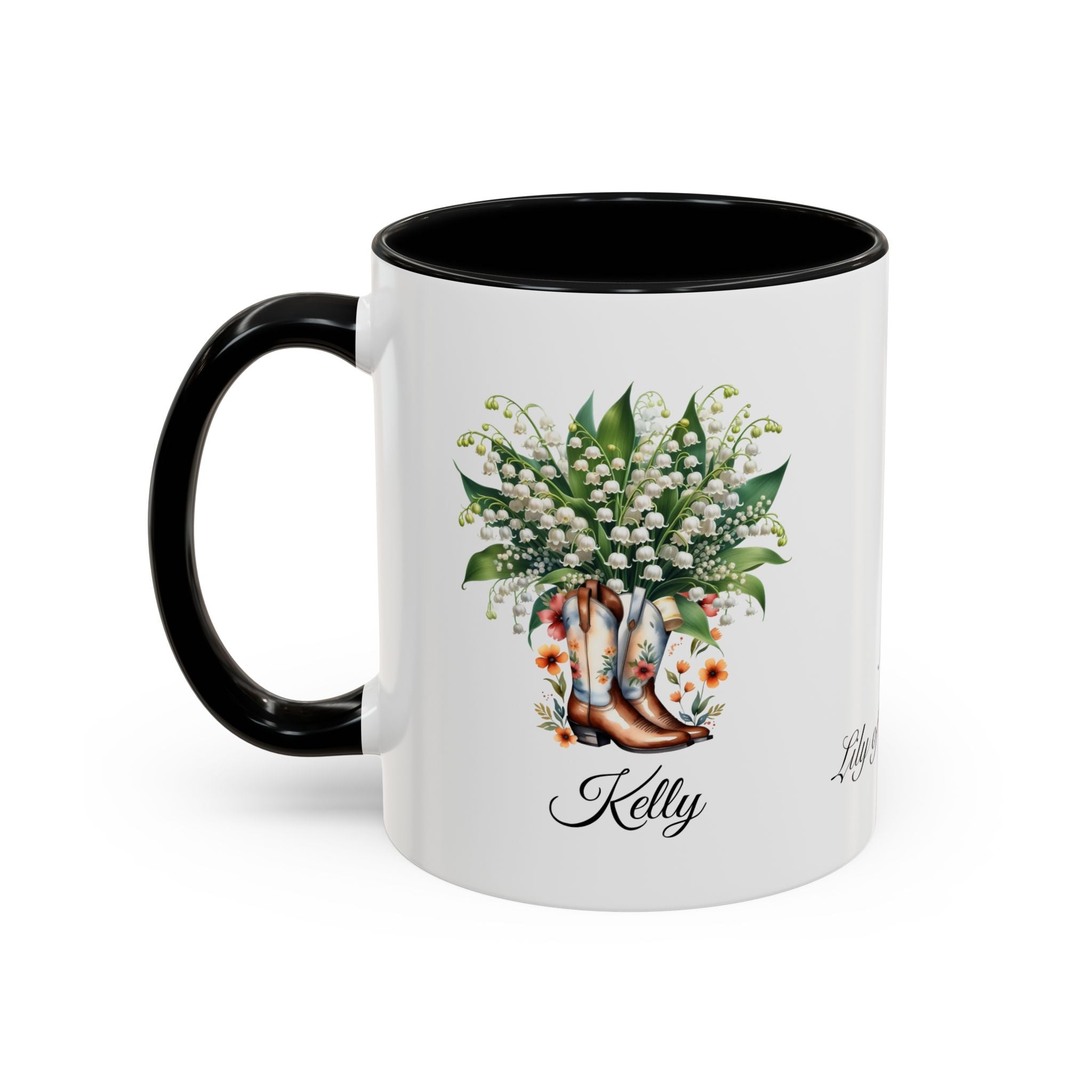 Personalized May Birth Flower Accent Coffee Mug with Lilies of the Valley in a Cowboy Boot - Available in 11oz and 15oz Sizes