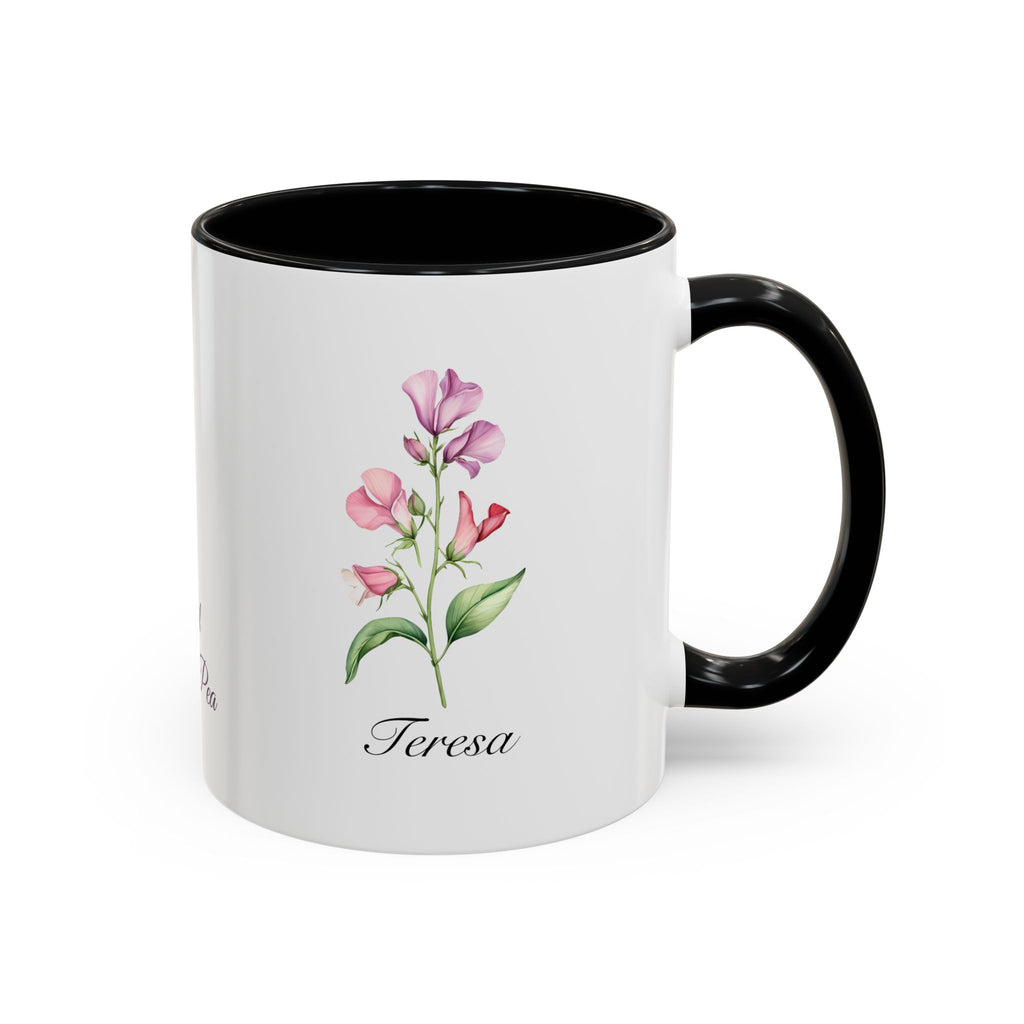 Personalized April Sweet Pea Birth Flower Accent Coffee Mug - Available in 11oz and 15oz Sizes