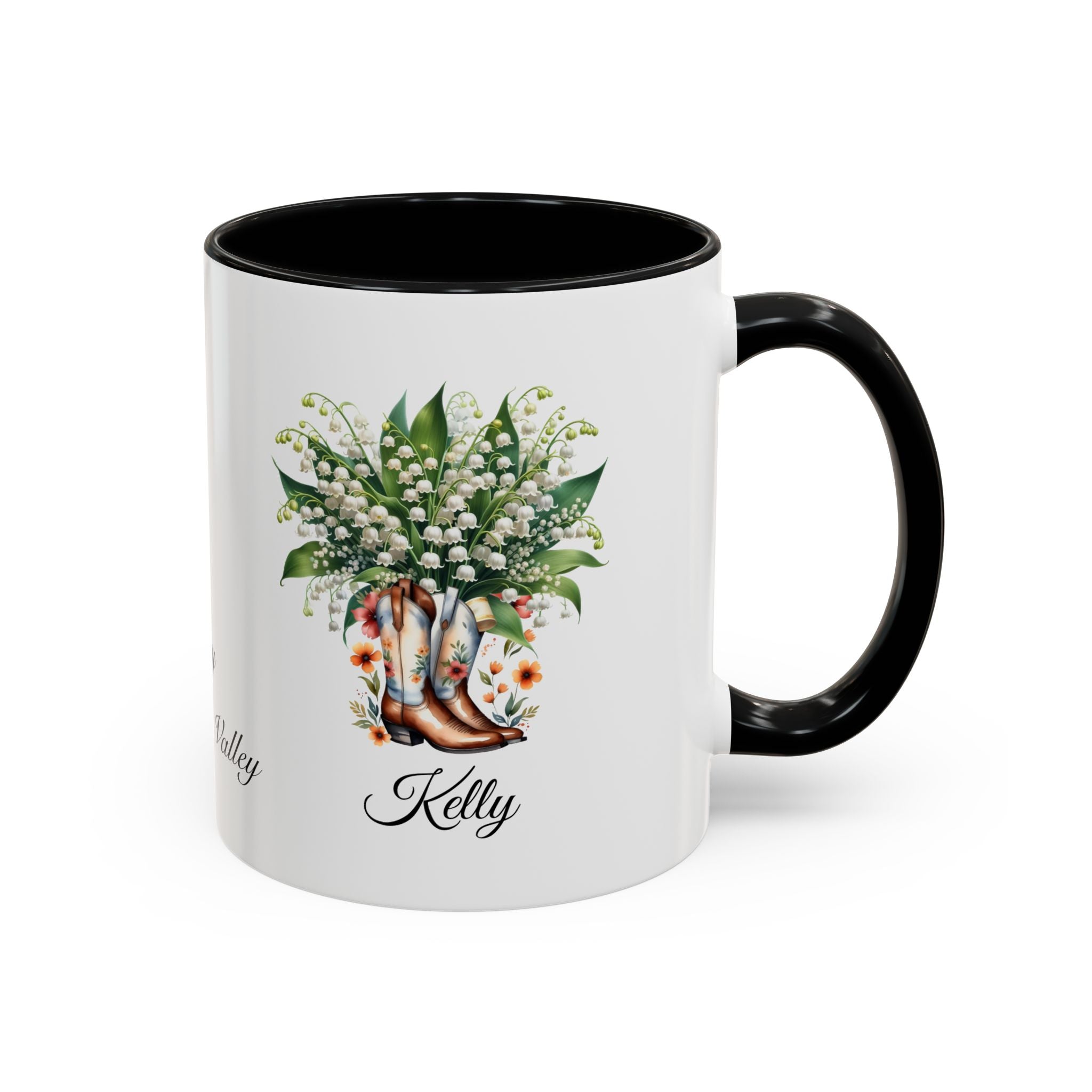 Personalized May Birth Flower Accent Coffee Mug with Lilies of the Valley in a Cowboy Boot - Available in 11oz and 15oz Sizes