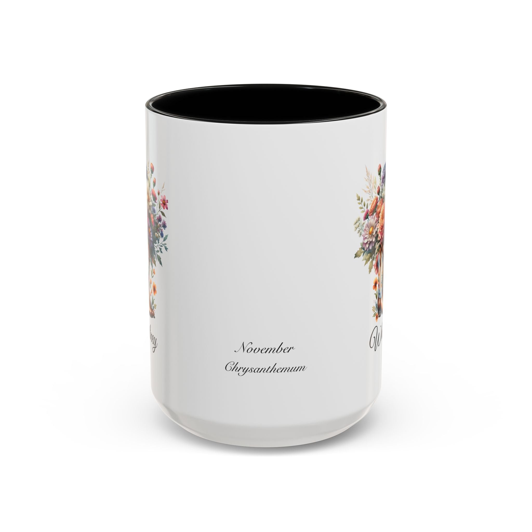 Personalized November Birth Flower Accent Coffee Mug - Available in 11oz and 15oz Sizes