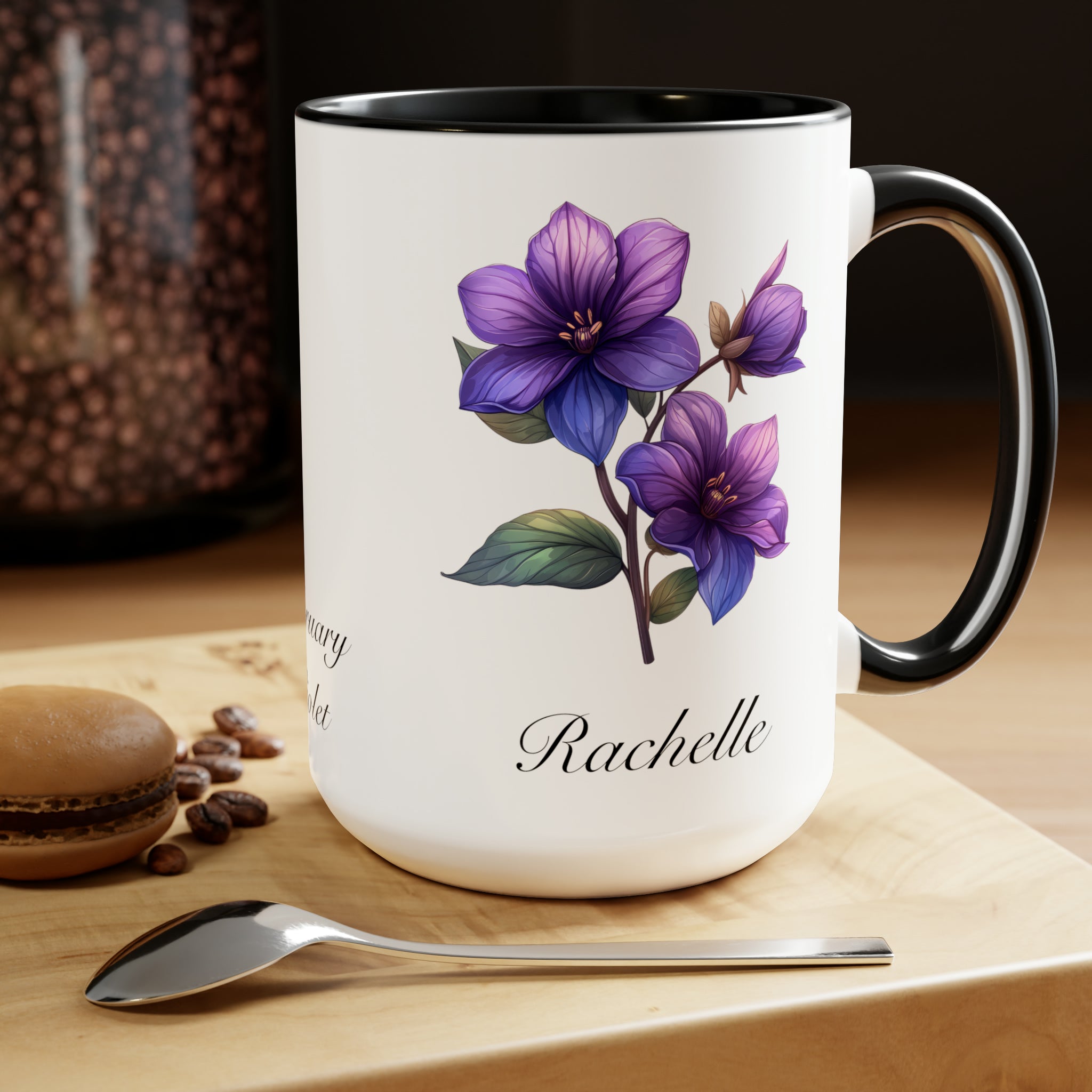 Personalized February Birth Flower Accent Coffee Mug - Available in 11oz and 15oz Sizes