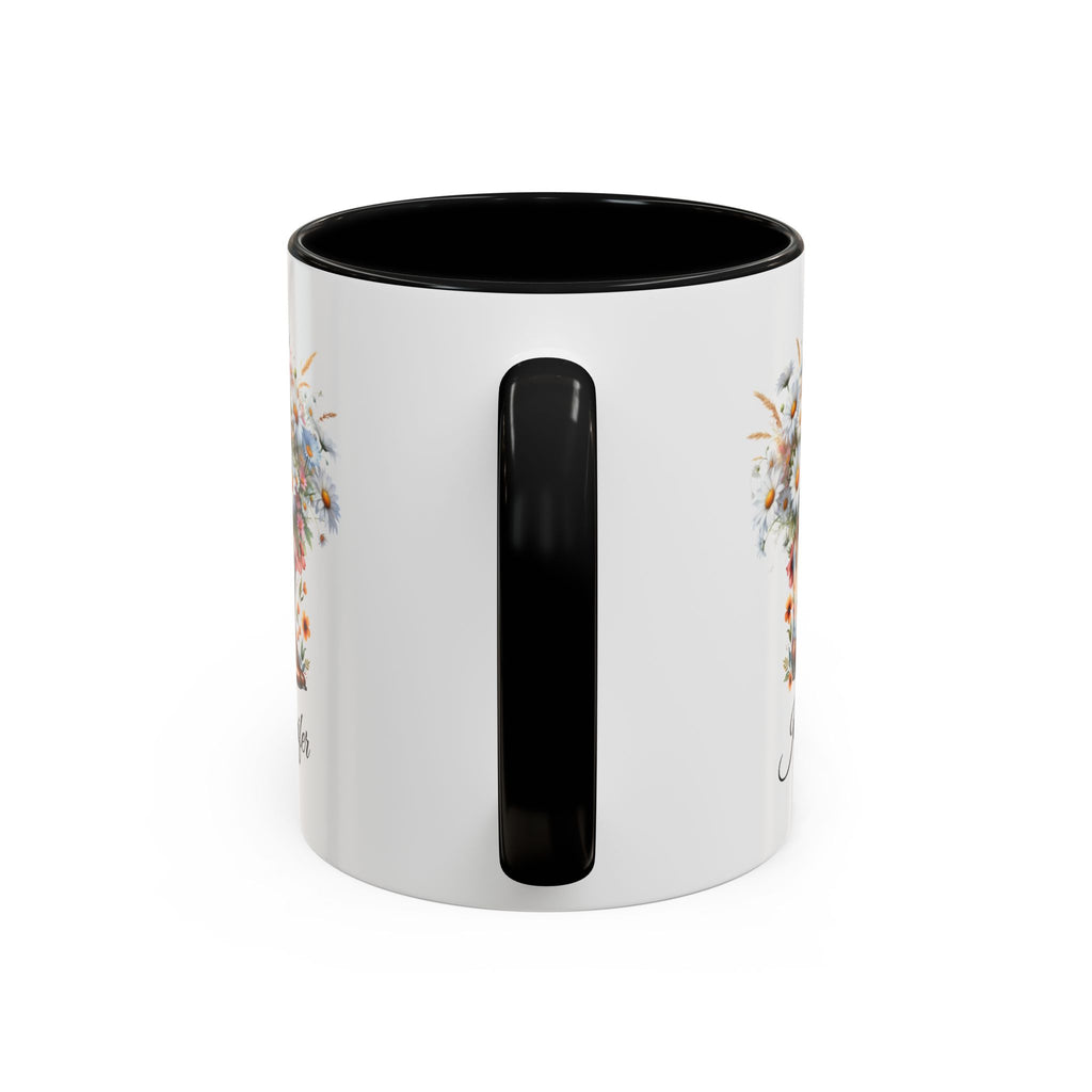Personalized April Birth Flower Accent Coffee Mug with Daisies in a Cowboy Boot - Available in 11oz and 15oz Sizes