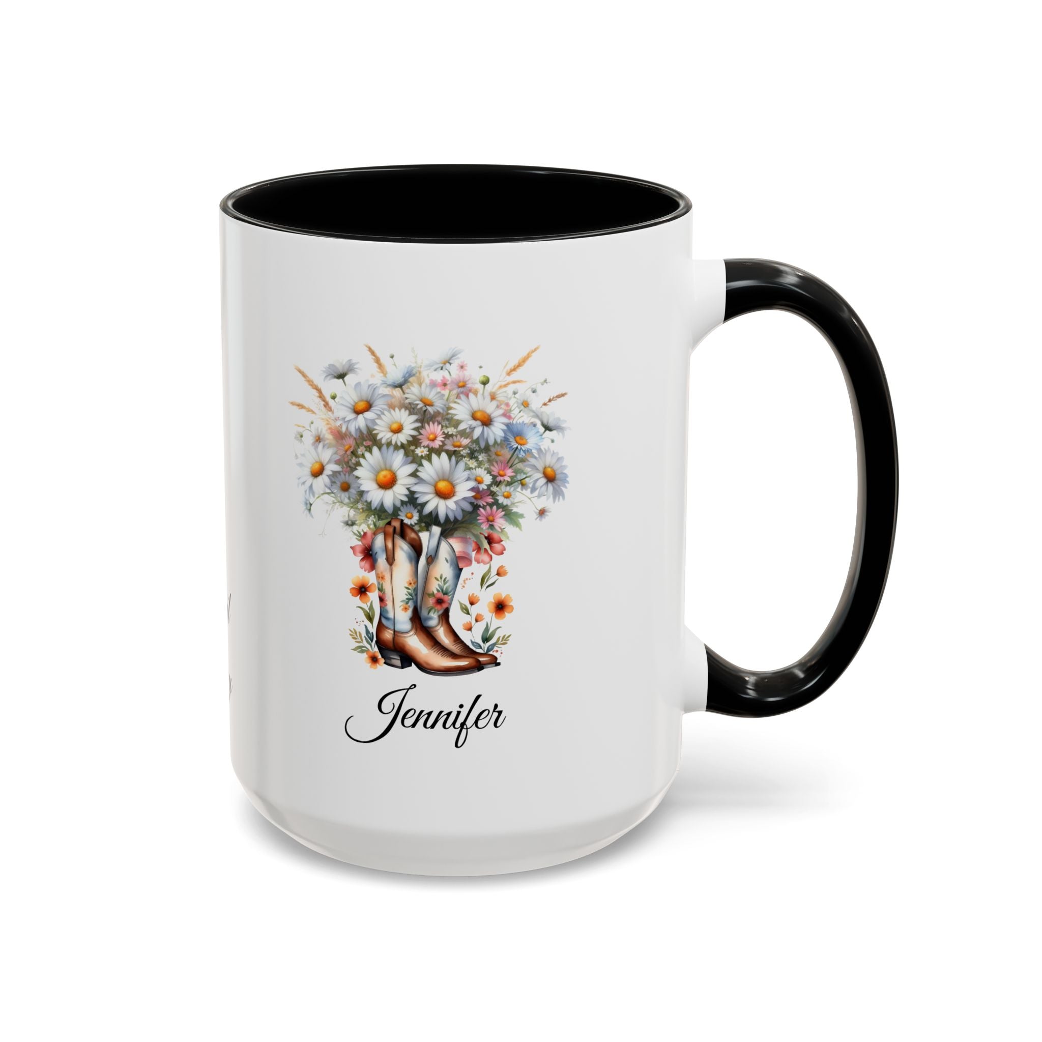 Personalized April Birth Flower Accent Coffee Mug with Daisies in a Cowboy Boot - Available in 11oz and 15oz Sizes