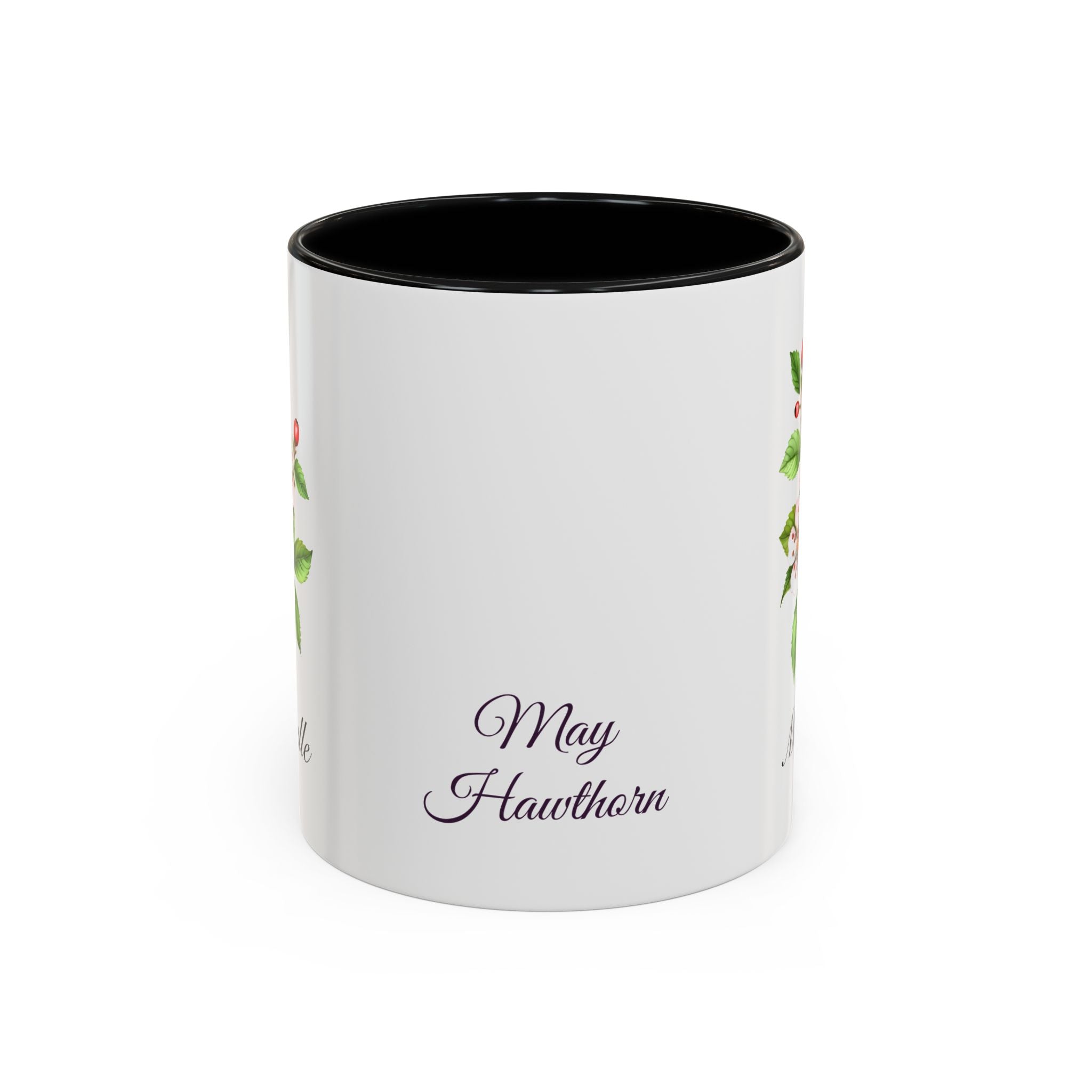 Personalized May Hawthorn Birth Flower Accent Coffee Mug - Available in 11oz and 15oz Sizes