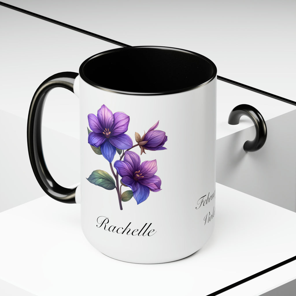 Personalized February Birth Flower Accent Coffee Mug - Available in 11oz and 15oz Sizes