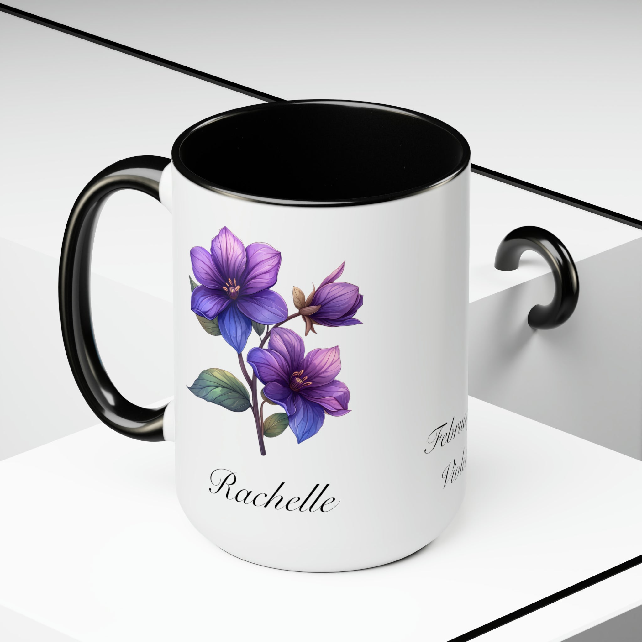 Personalized February Birth Flower Accent Coffee Mug - Available in 11oz and 15oz Sizes