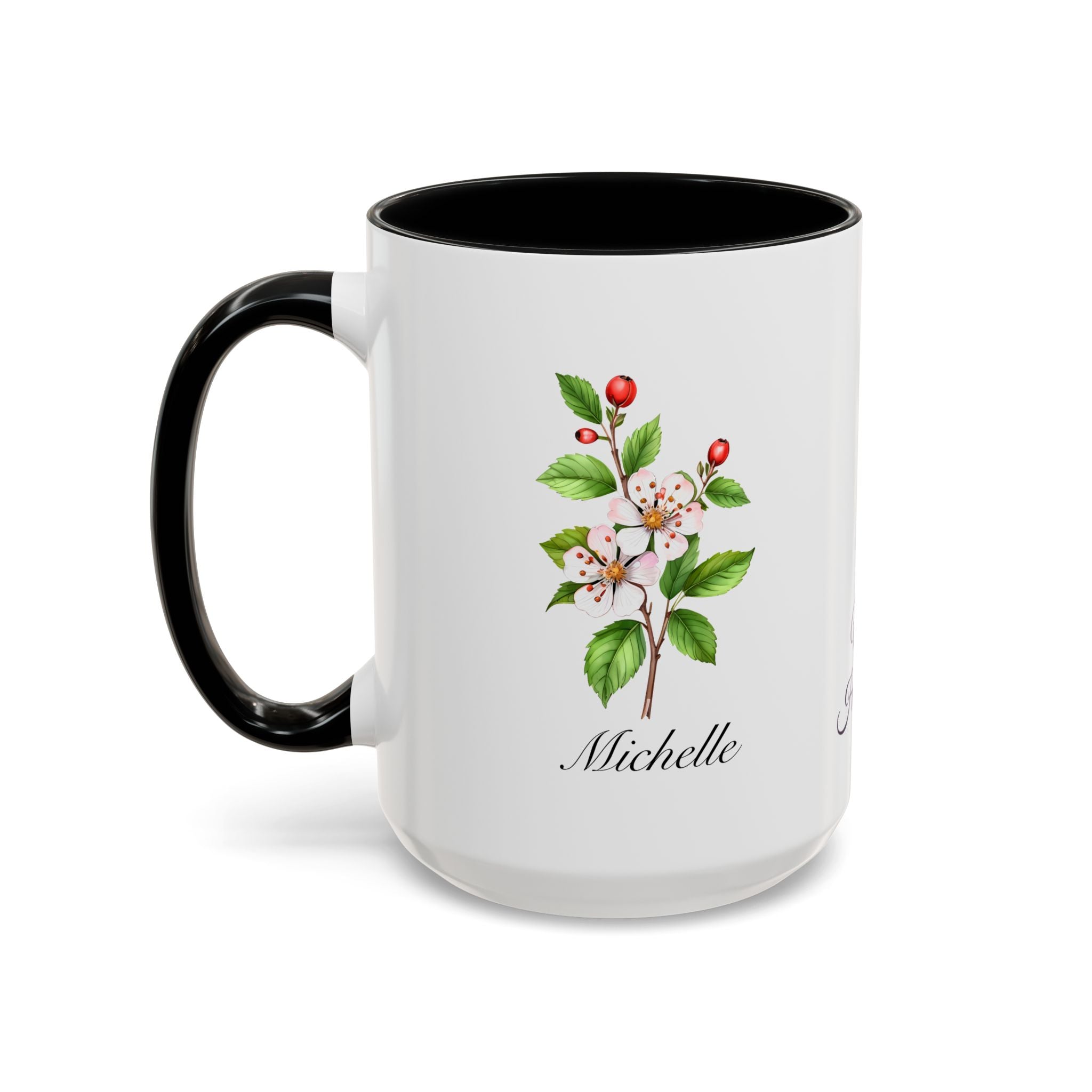 Personalized May Hawthorn Birth Flower Accent Coffee Mug - Available in 11oz and 15oz Sizes