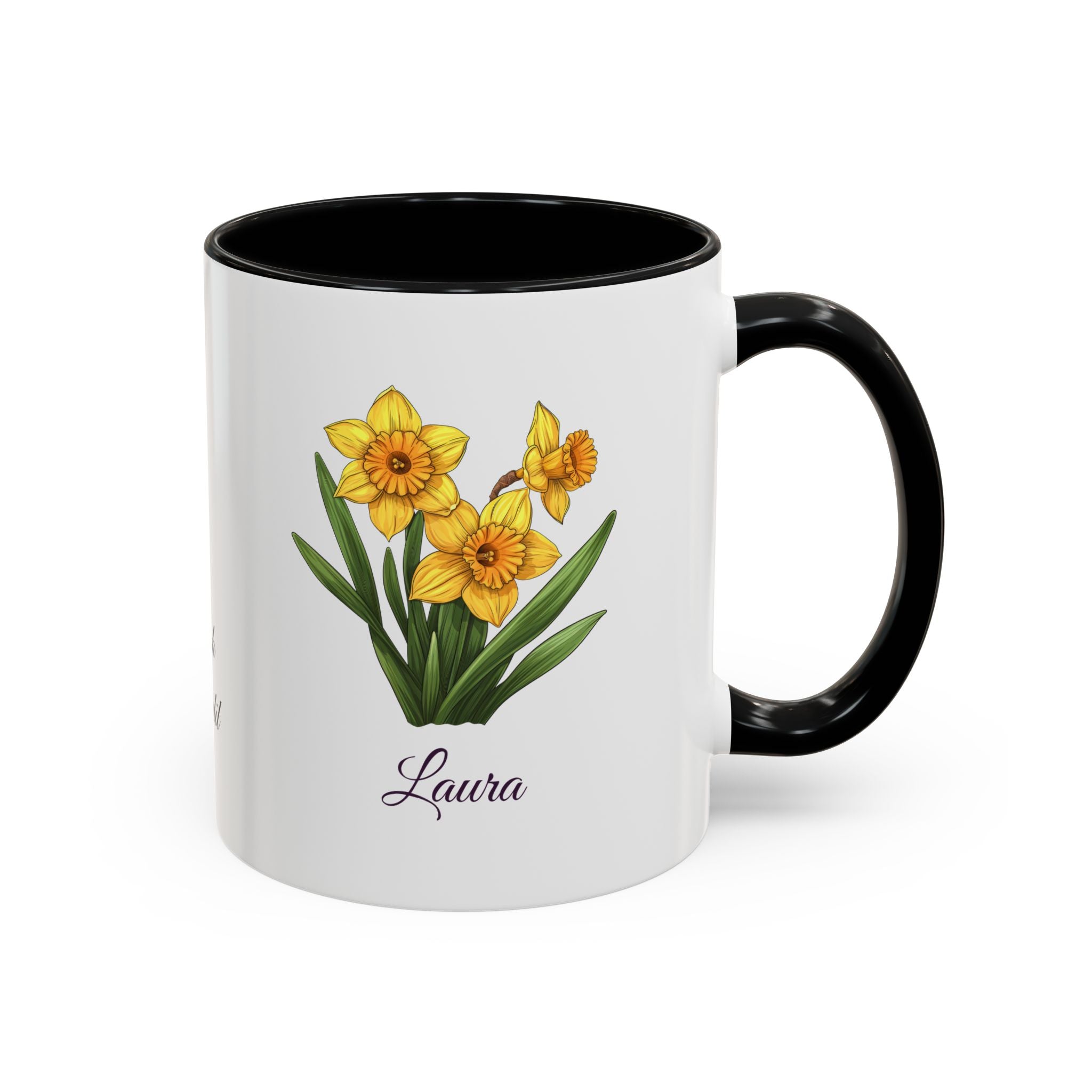 Personalized March Birth Flower Accent Coffee Mug - Available in 11oz and 15oz Sizes