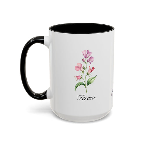 Personalized April Sweet Pea Birth Flower Accent Coffee Mug - Available in 11oz and 15oz Sizes