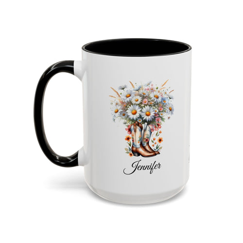 Personalized April Birth Flower Accent Coffee Mug with Daisies in a Cowboy Boot - Available in 11oz and 15oz Sizes