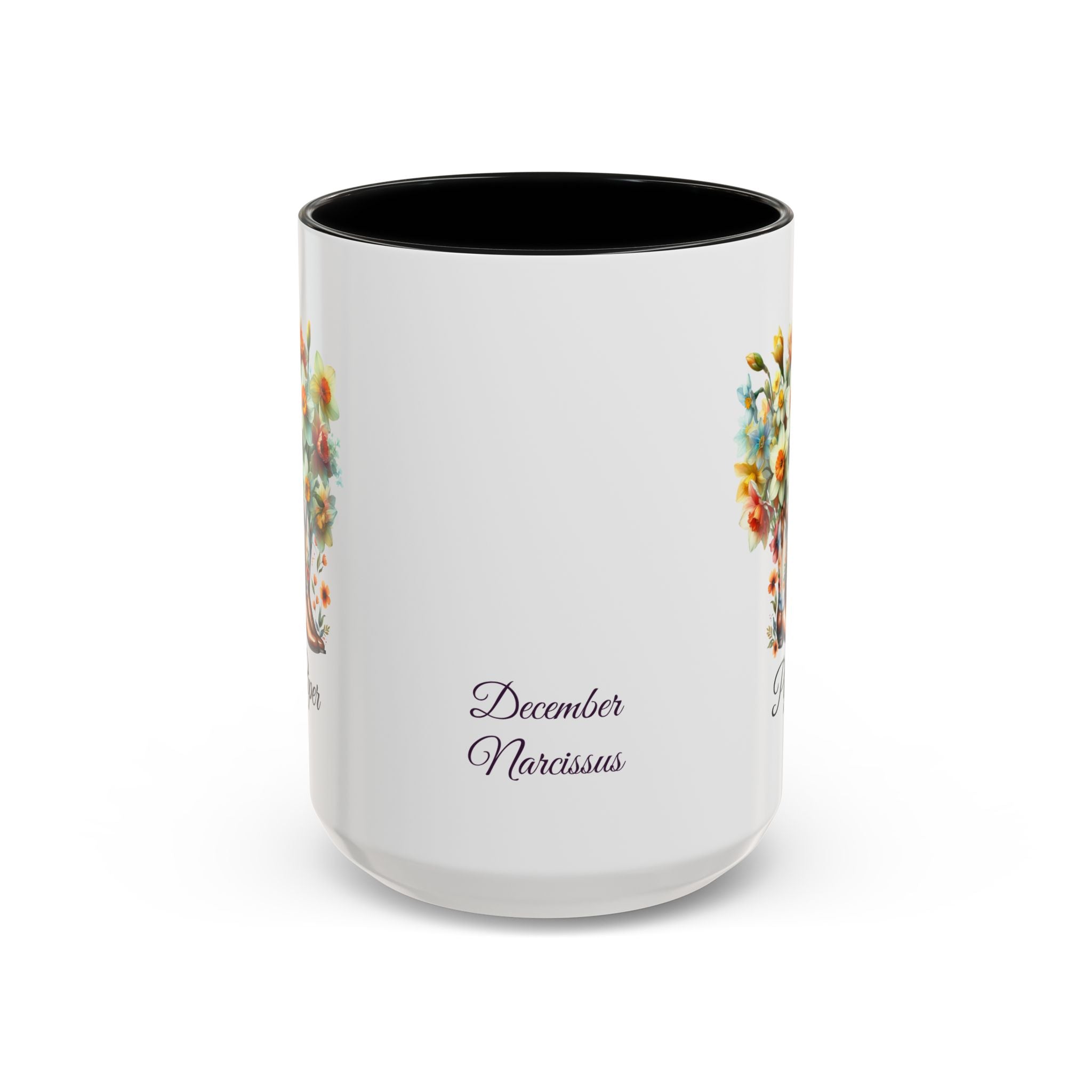 Personalized December Birth Flower Accent Coffee Mug - Available in 11oz and 15oz Sizes