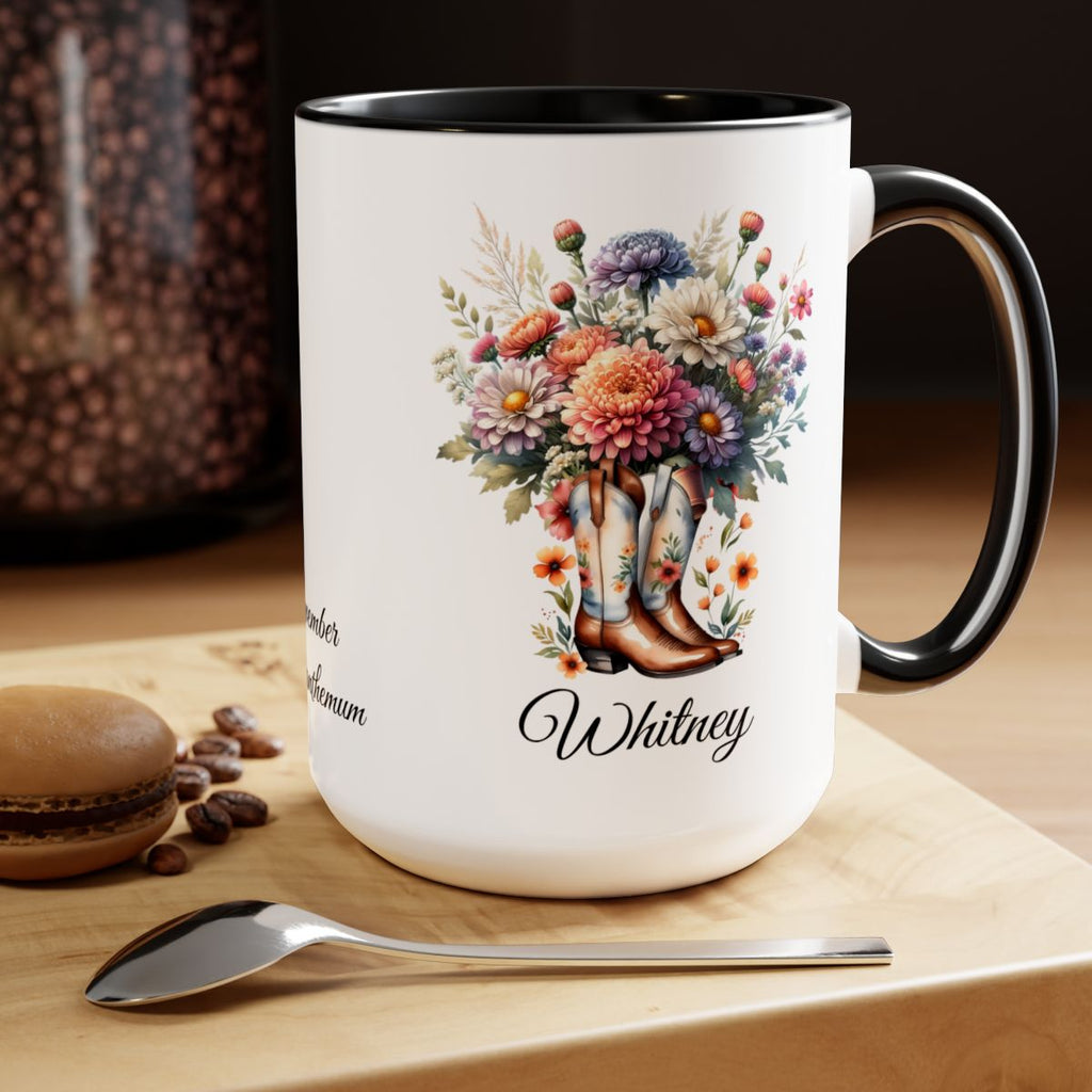 Personalized November Birth Flower Accent Coffee Mug - Available in 11oz and 15oz Sizes