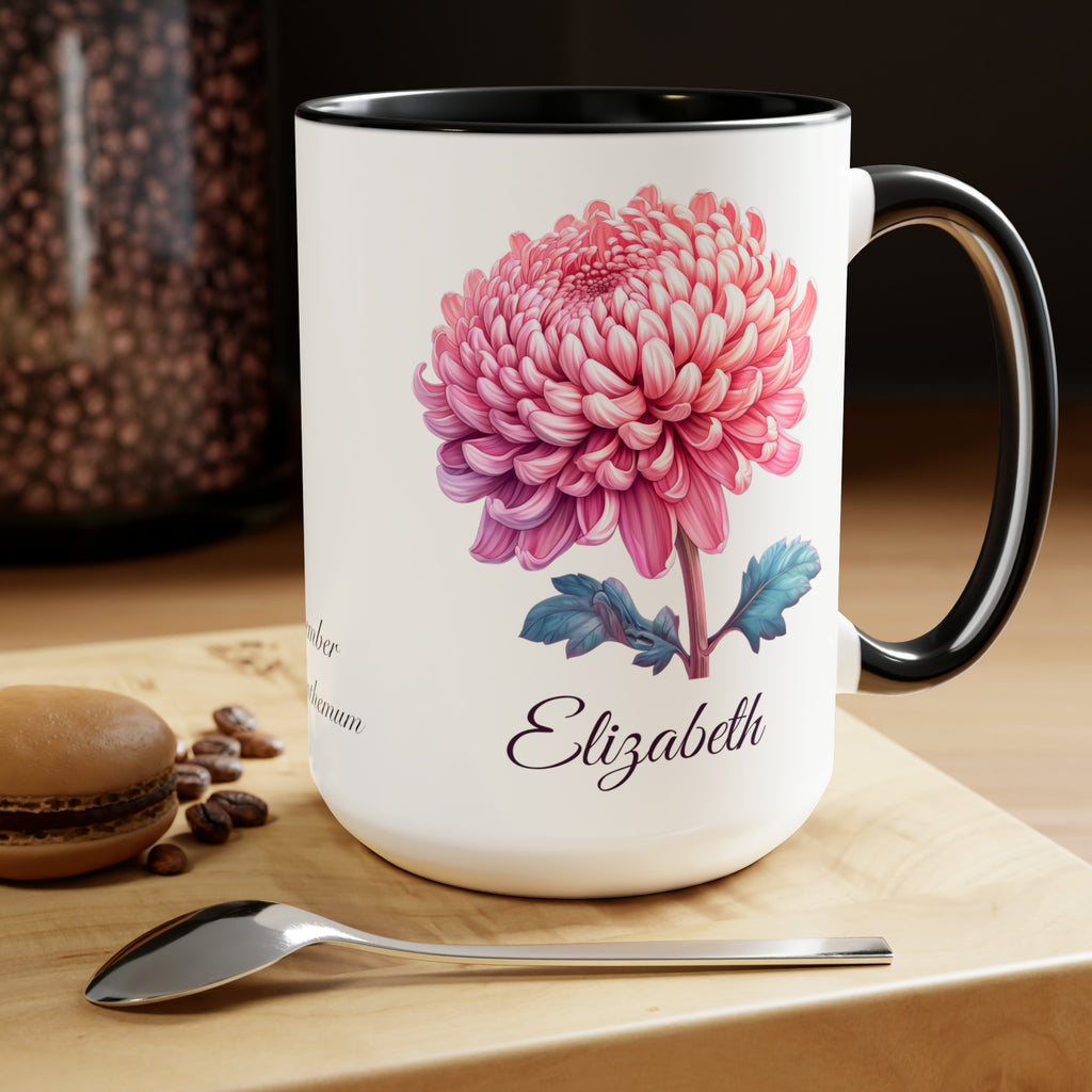 Personalized November Birth Flower Accent Coffee Mug - Available in 11oz and 15oz Sizes