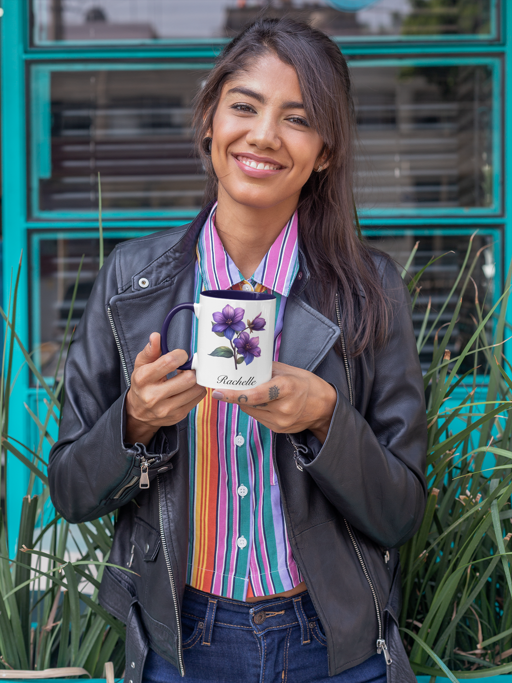 Personalized February Birth Flower Accent Coffee Mug - Available in 11oz and 15oz Sizes