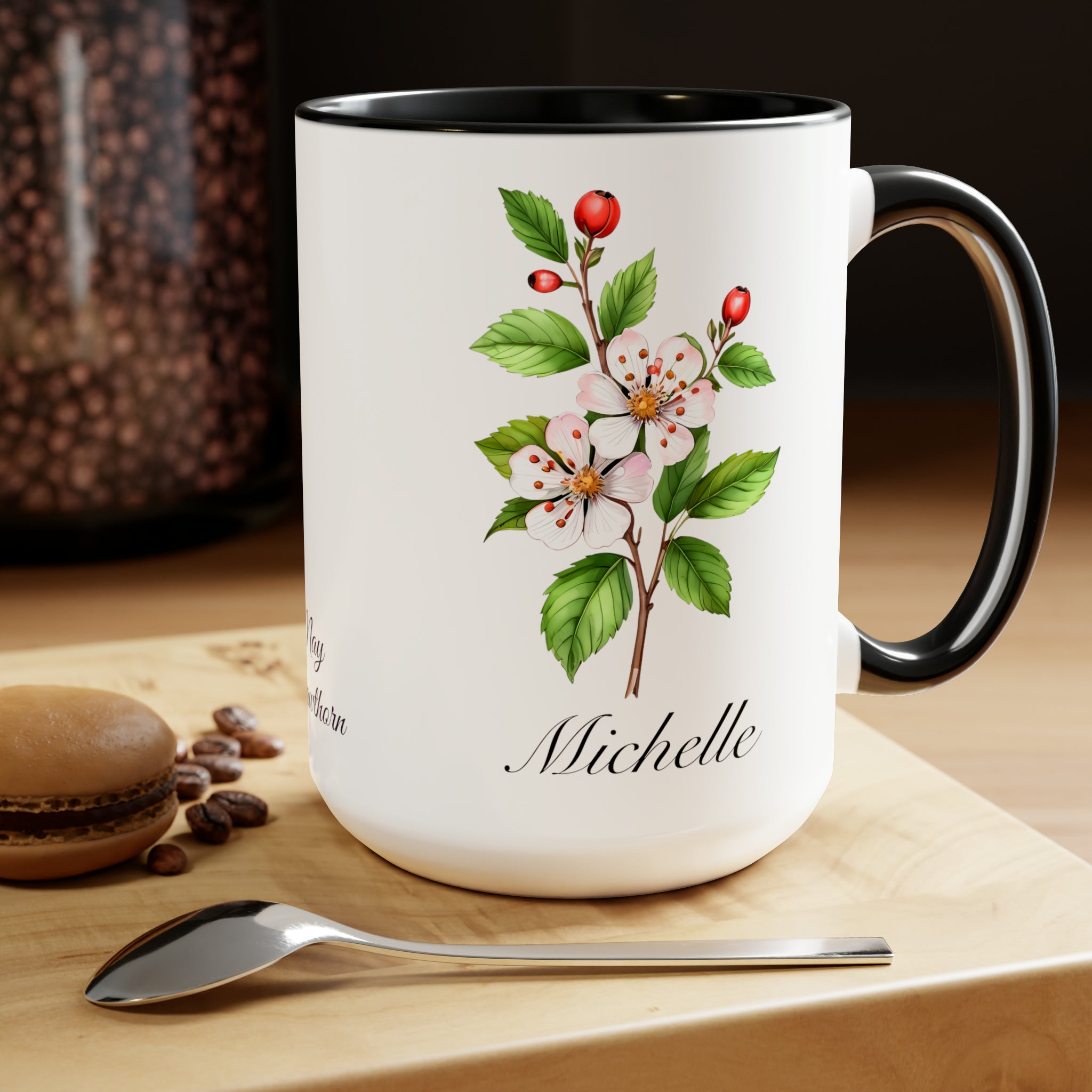 Personalized May Hawthorn Birth Flower Accent Coffee Mug - Available in 11oz and 15oz Sizes