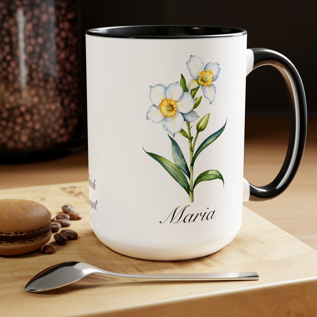 Personalized March Birth Flower Accent Coffee Mug - Available in 11oz and 15oz Sizes