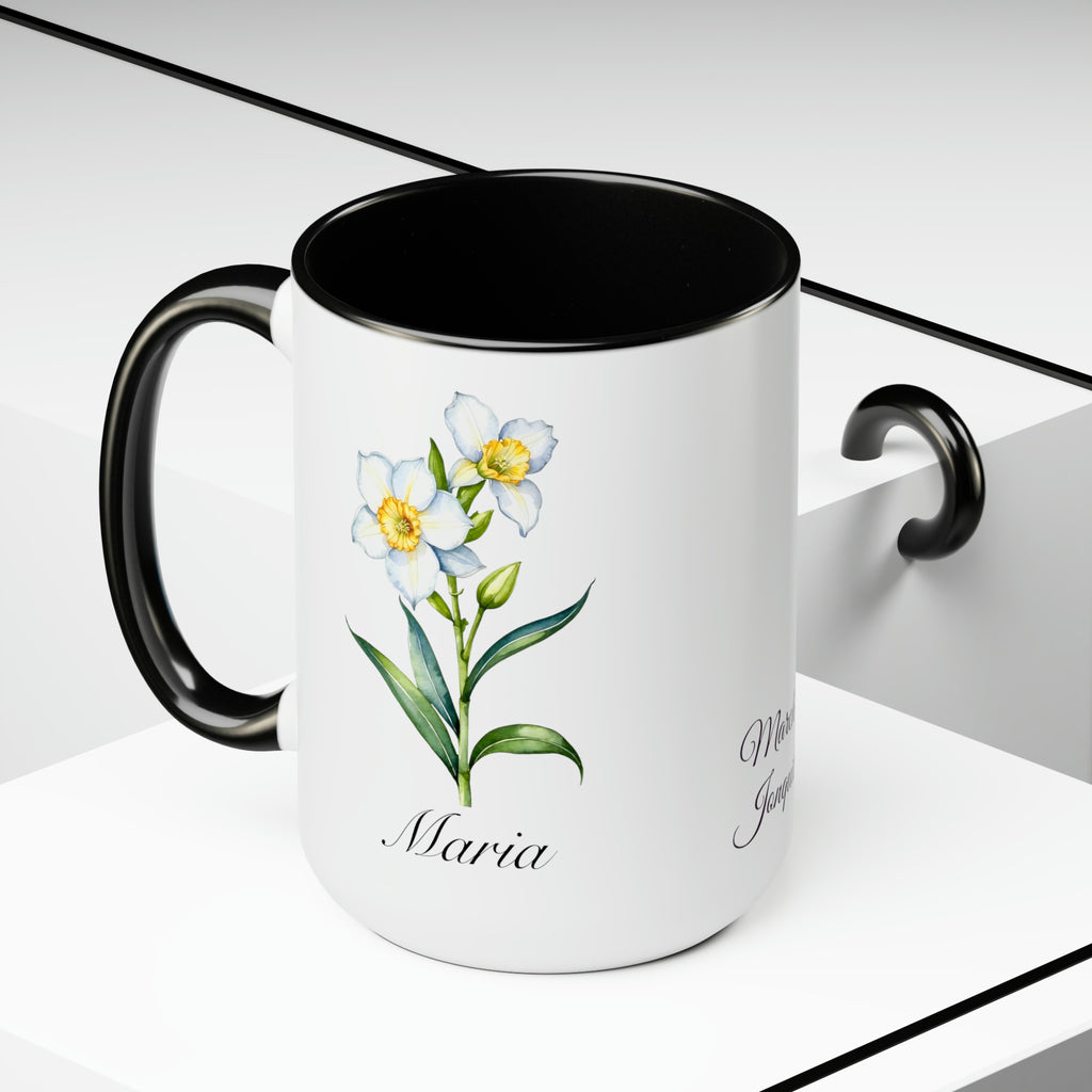 Personalized March Birth Flower Accent Coffee Mug - Available in 11oz and 15oz Sizes