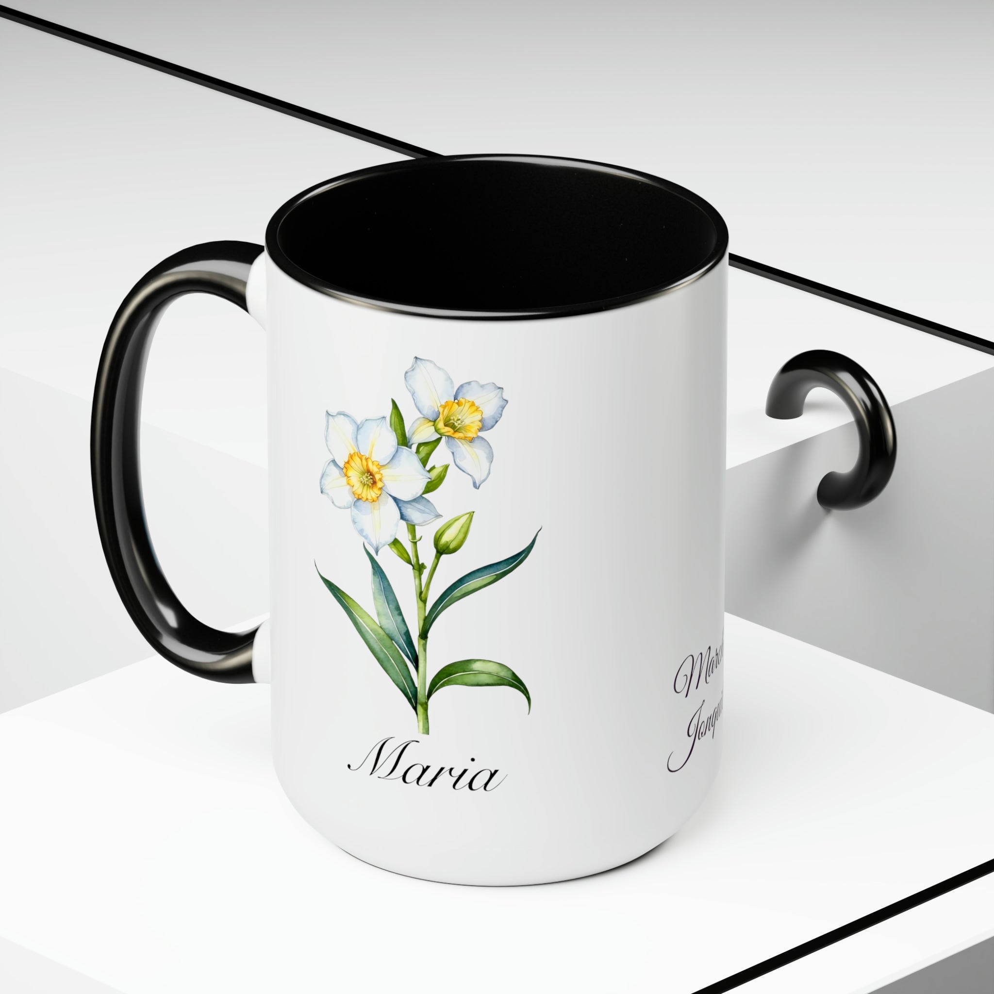 Personalized March Birth Flower Accent Coffee Mug - Available in 11oz and 15oz Sizes