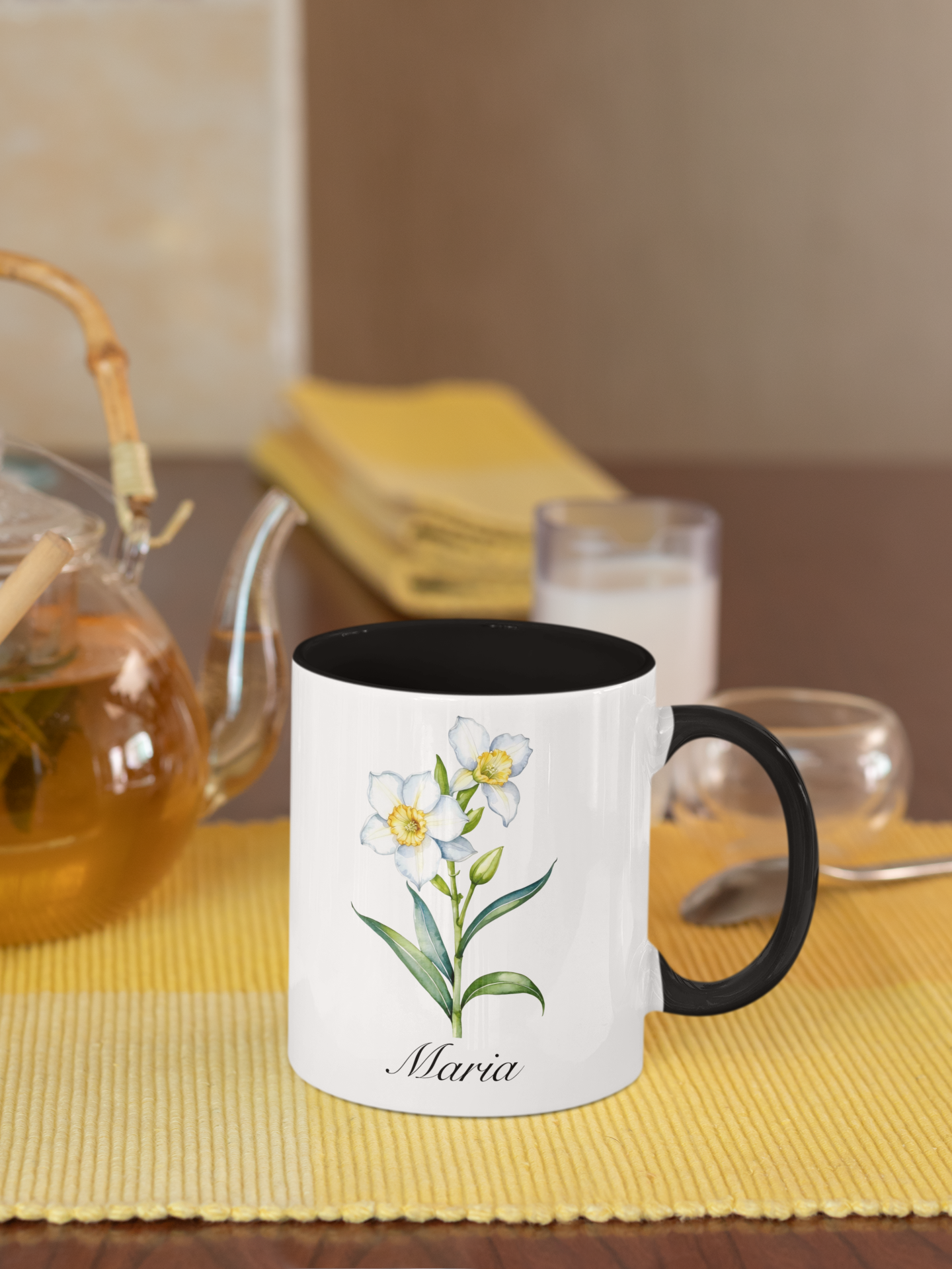 Personalized March Birth Flower Accent Coffee Mug - Available in 11oz and 15oz Sizes