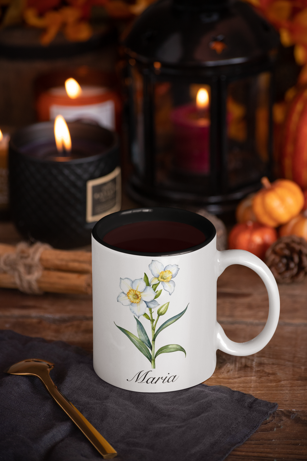 Personalized March Birth Flower Accent Coffee Mug - Available in 11oz and 15oz Sizes